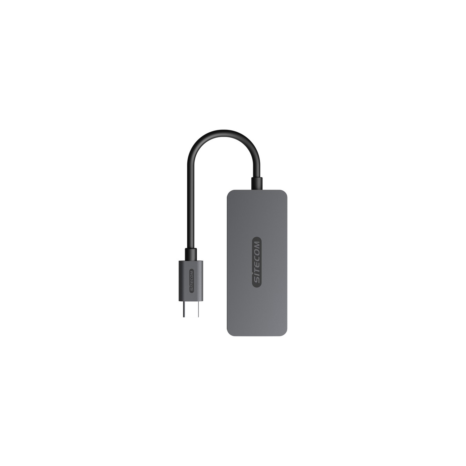 Un adaptateur gris avec un câble noir et un connecteur USB-C. Il est placé sur un fond blanc.