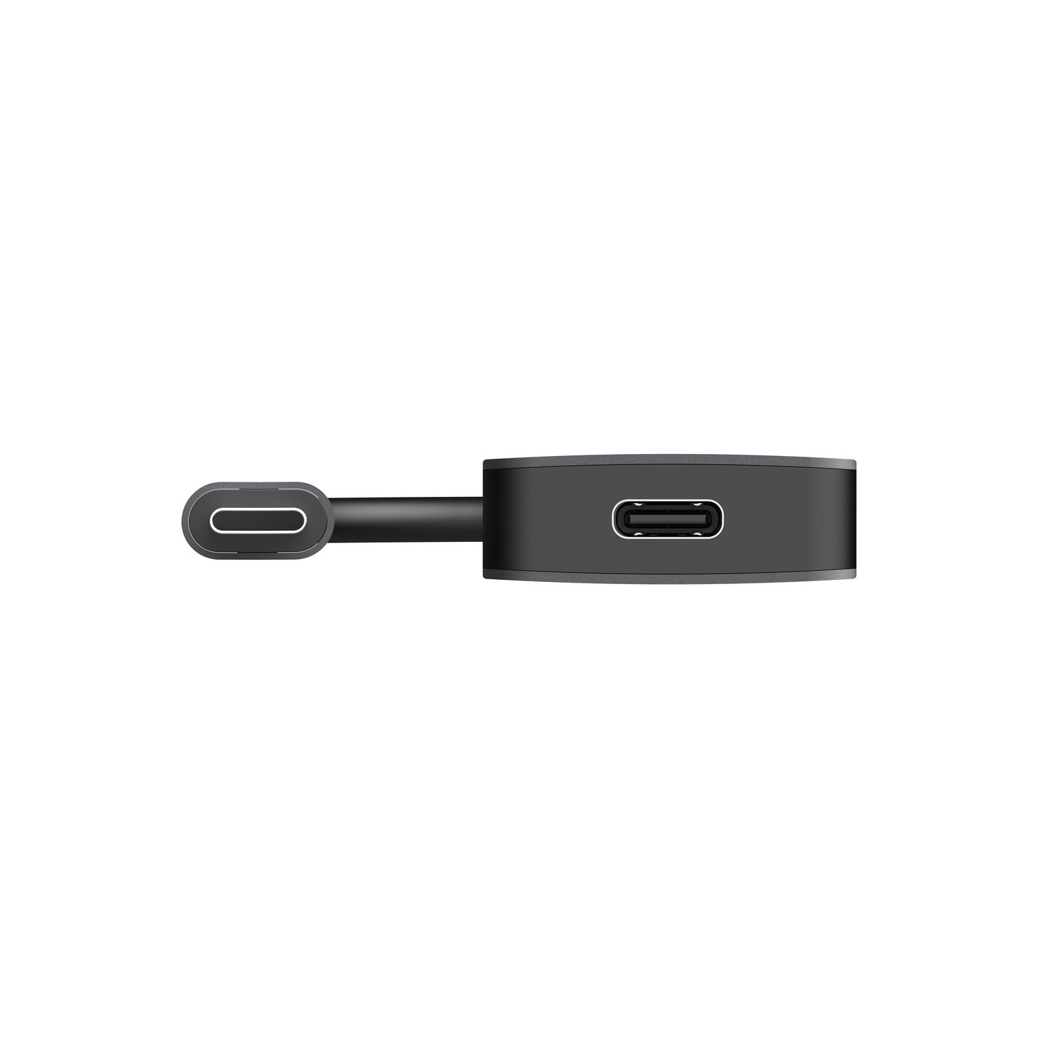 Hub USB-C noir. Vue de dessus. Un port USB-C et deux ports USB visibles.