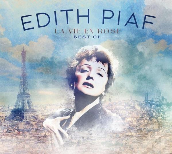 Albumborító Edith Piaf portréjával, az Eiffel-toronnyal és a 'La Vie En Rose' felirattal.