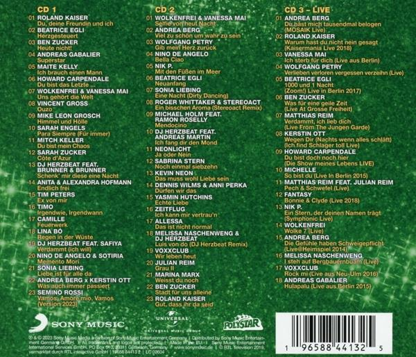 Rückseite einer CD mit einer Liste von Songs und Künstlern, grüner Hintergrund mit Text.