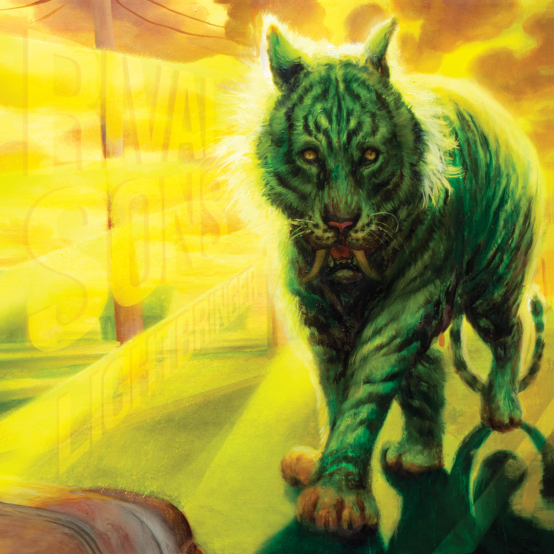 Ein grüner Tiger mit leuchtendem Fell geht vorwärts. Sonnenlicht scheint um ihn herum. Der Hintergrund ist gelb.