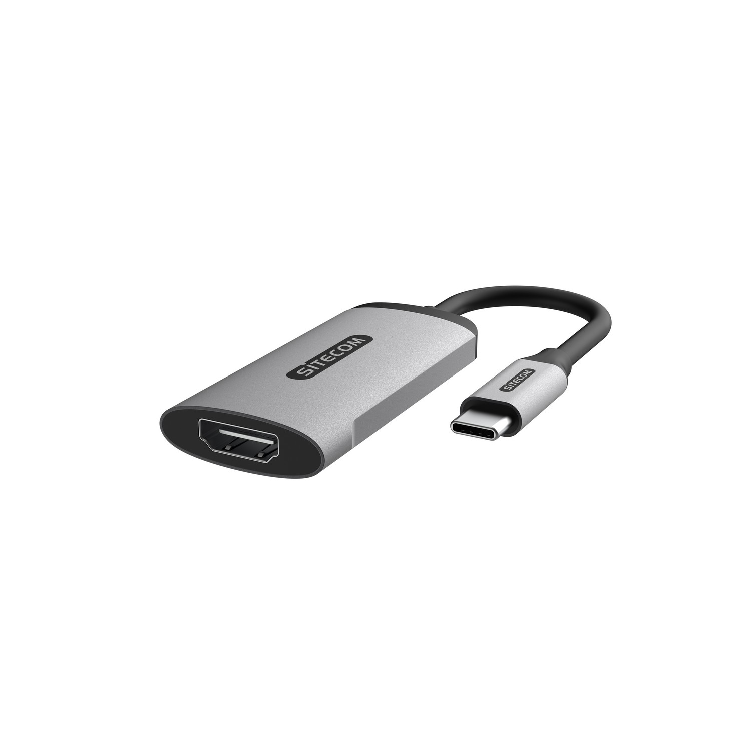 A silver USB-C to HDMI adapter connected to a cable.