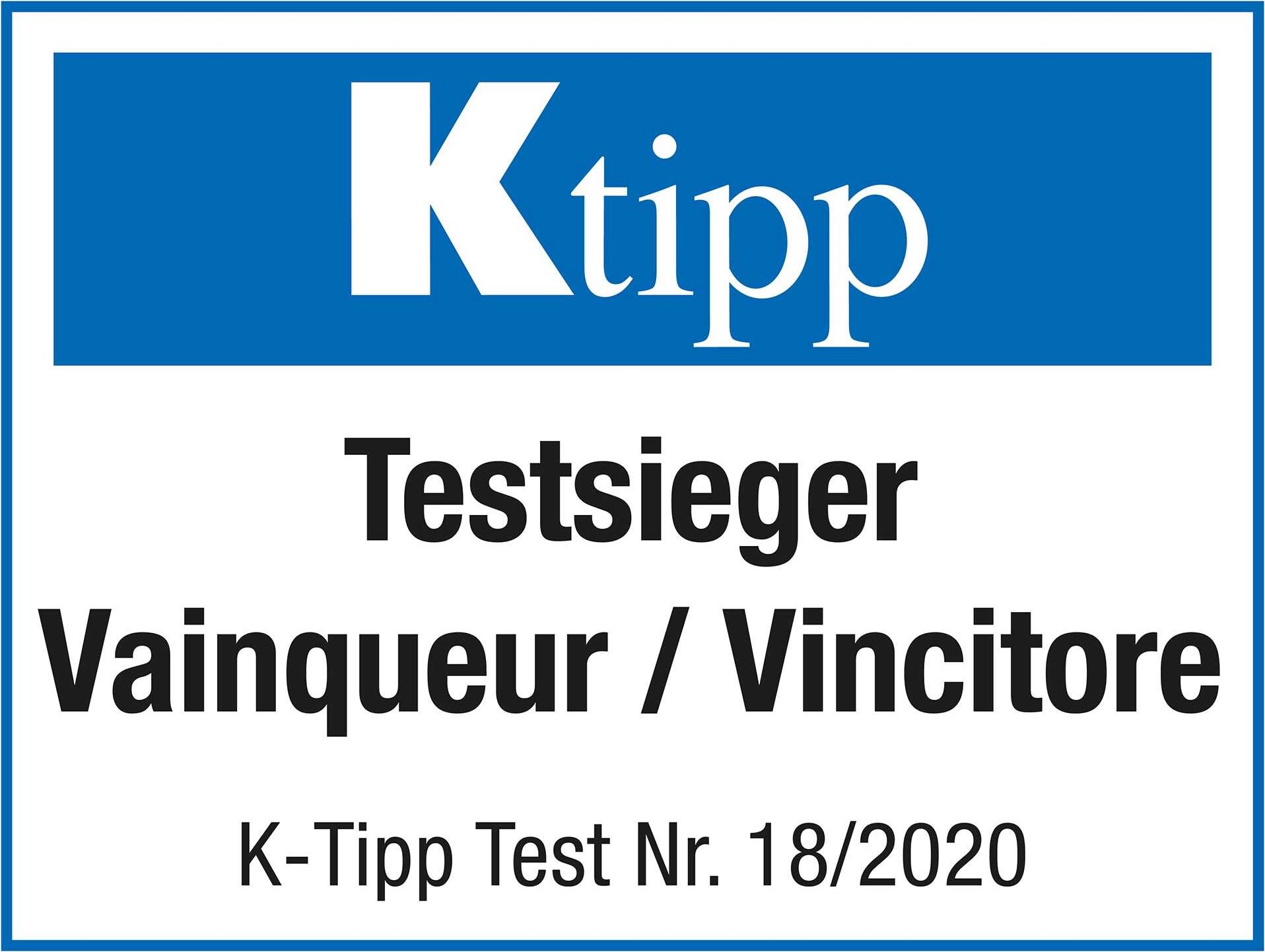 Logo con sfondo blu e testo bianco: K-tipp, Testsieger, Vainqueur / Vincitore. K-Tipp Test Nr. 18/2020.