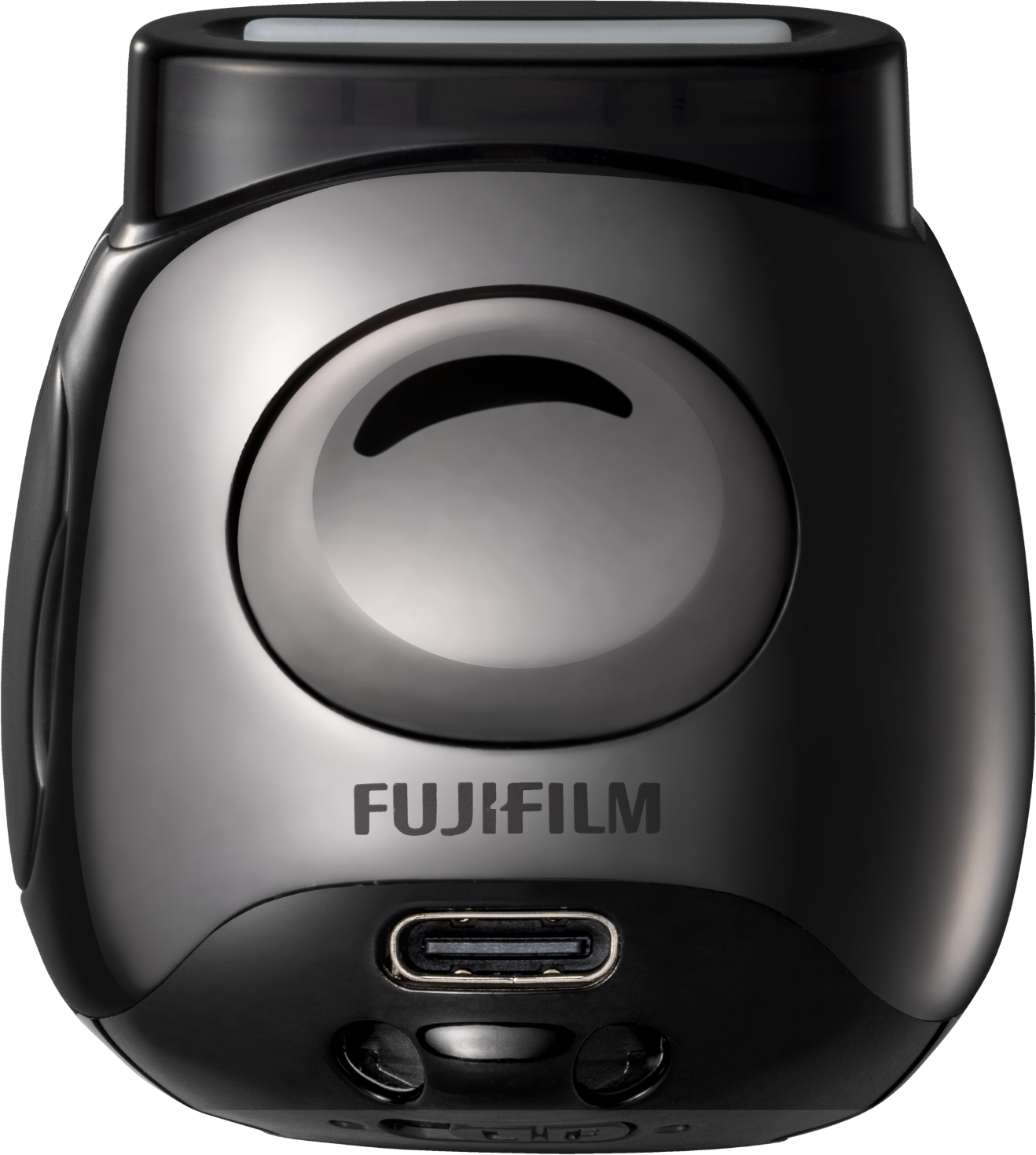Un appareil photo noir est montré de face. Le logo Fujifilm est visible.