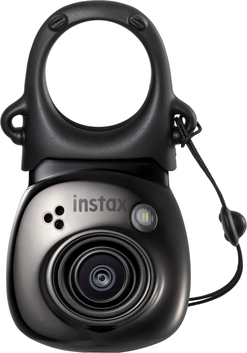 Un appareil photo Instax noir avec un objectif et une boucle de suspension.