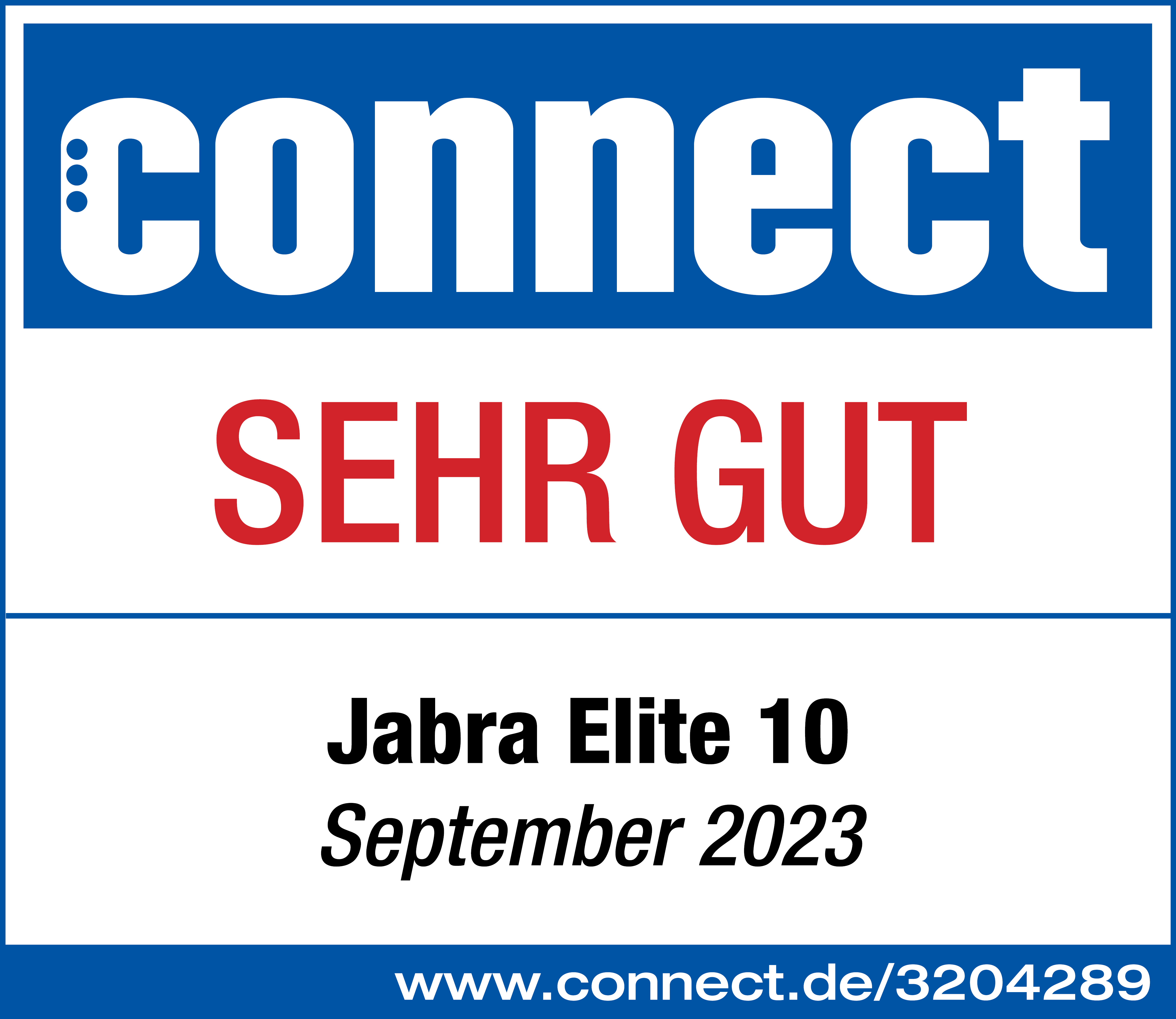 Eine blaue und weiße Connect-Bewertung mit Text "SEHR GUT" und Jabra Elite 10.
