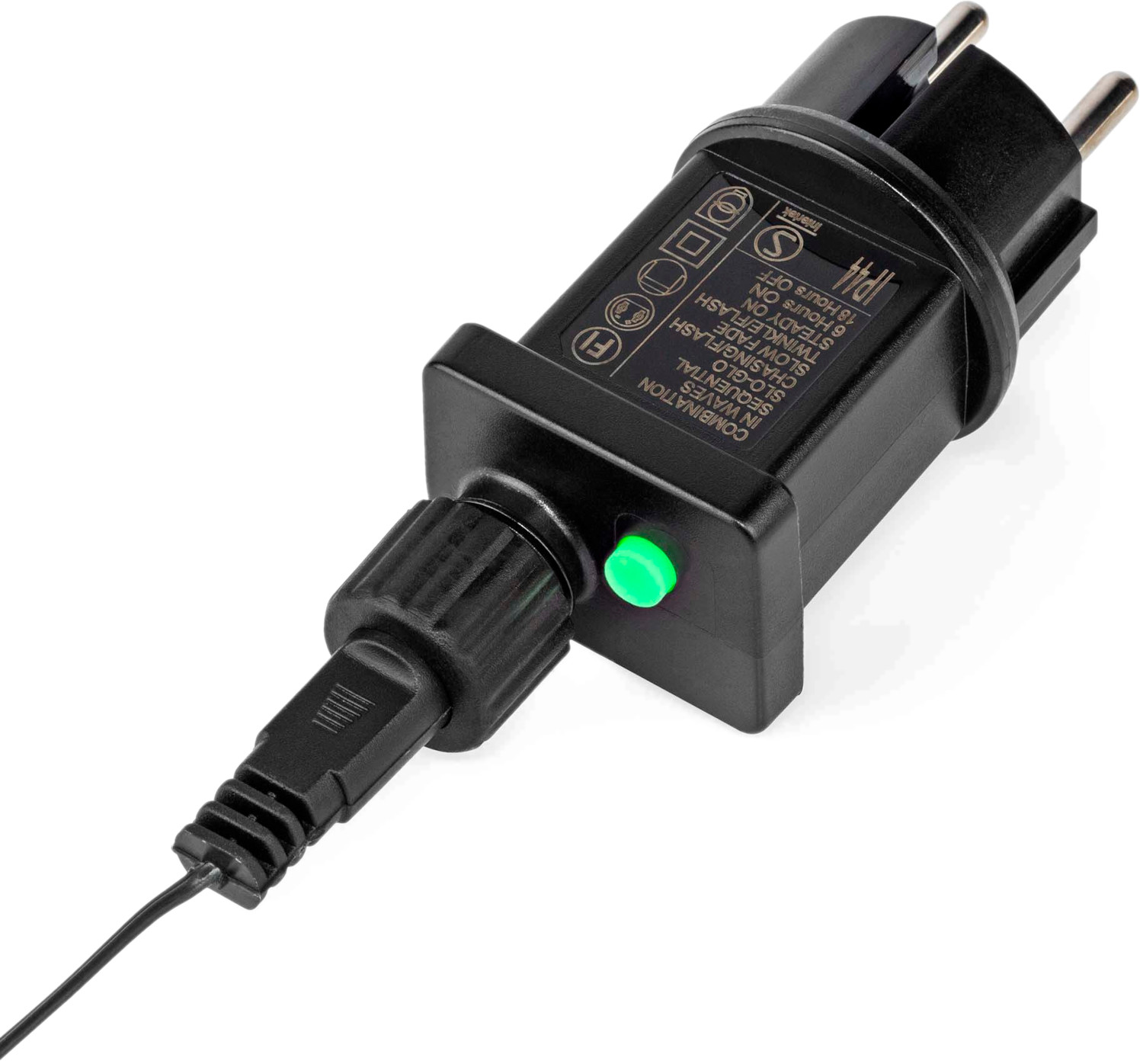 Een zwarte kerstverlichting adapter met een groene knop en stekker.