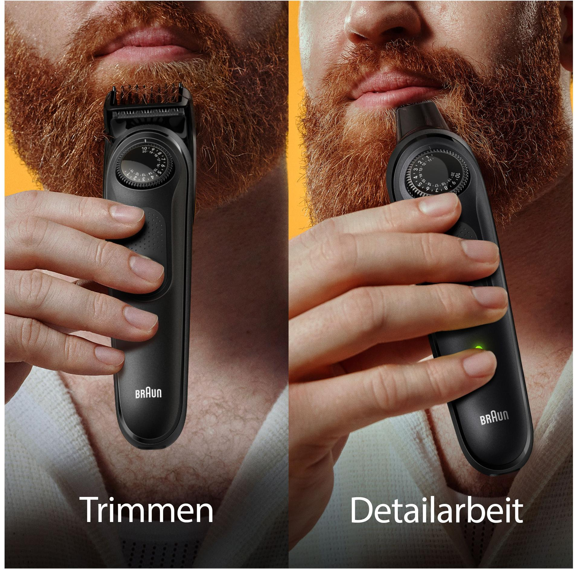 Das Bild zeigt einen Mann mit rotem Bart, der einen schwarzen Braun-Trimmer benutzt. Der Trimmer ist in seiner Hand, um seinen Bart zu trimmen.