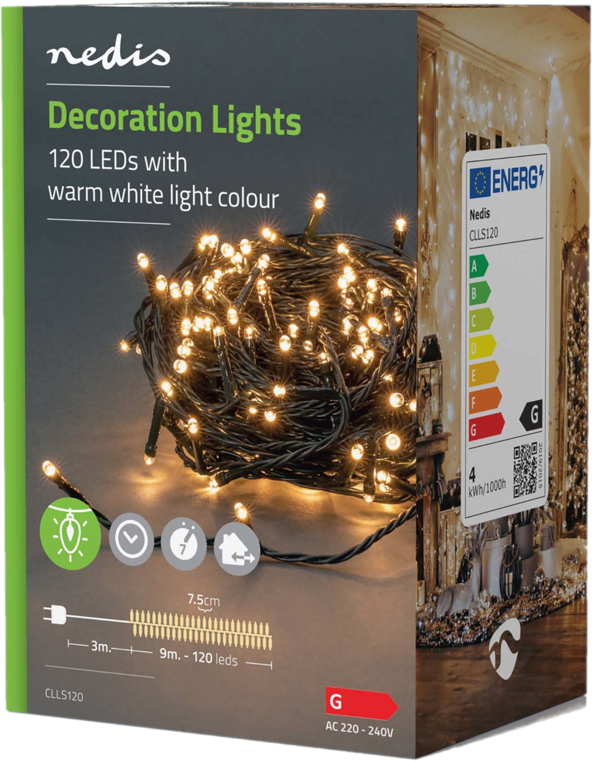 Doos met LED-slingerverlichting. Verpakking toont lichten en energie-efficiëntiegegevens.