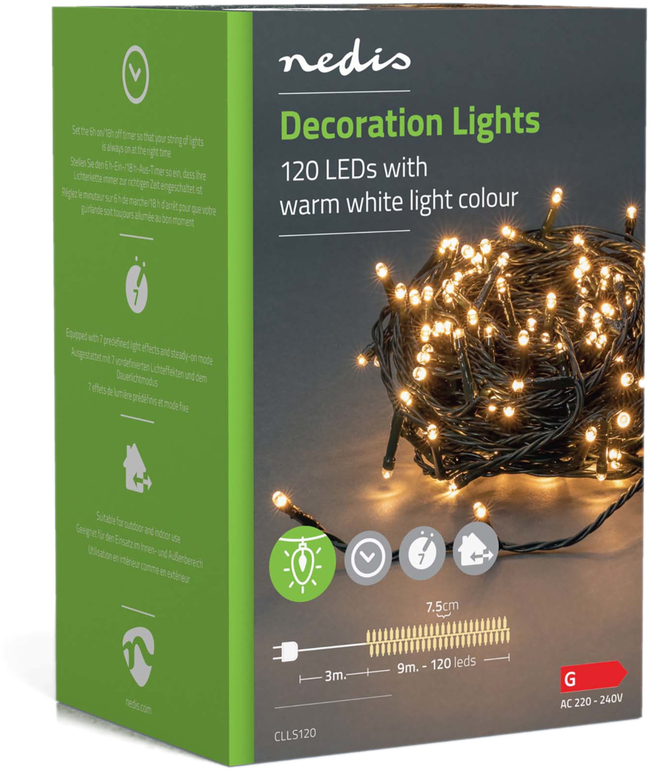 Doos met decoratielampjes, 120 LED's met warm wit licht, tekst en iconen op de doos.