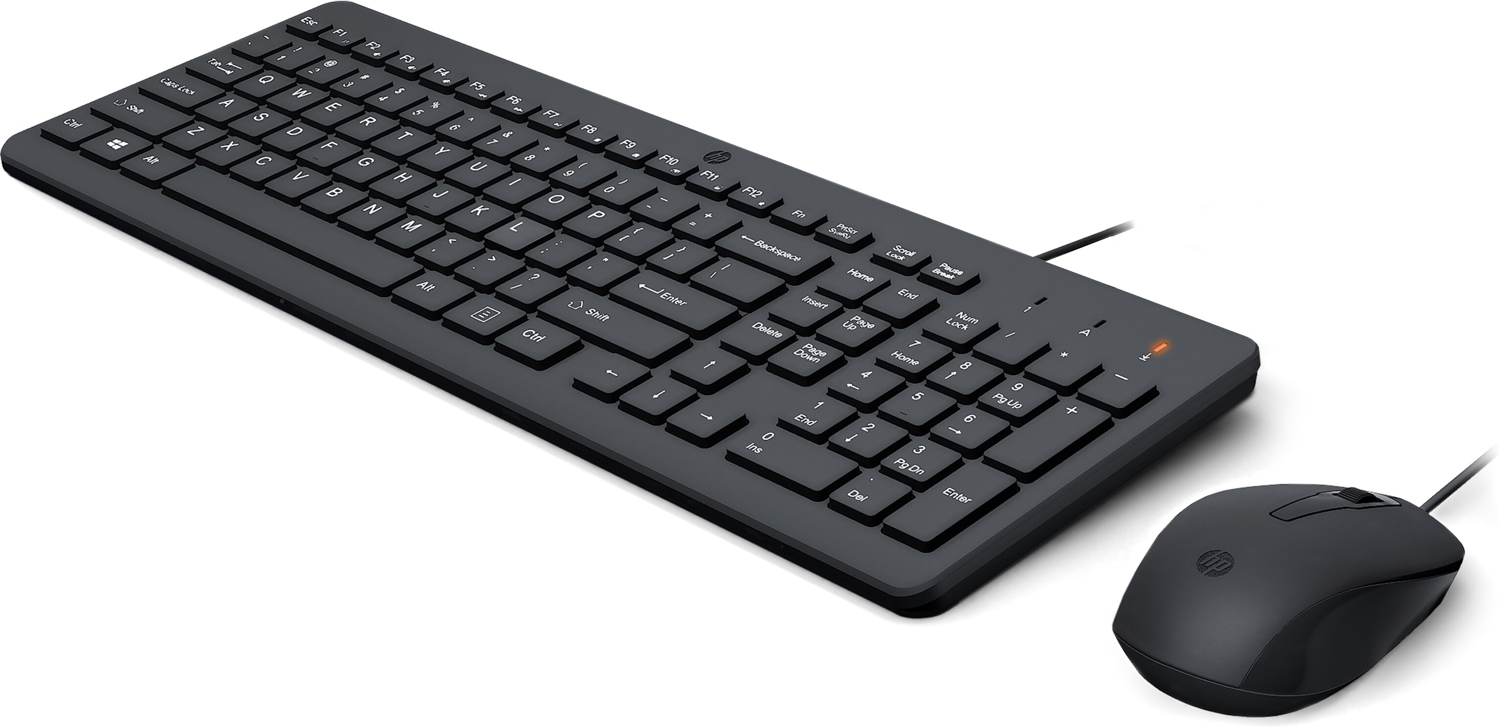 Teclado y ratón HP negros sobre fondo blanco.