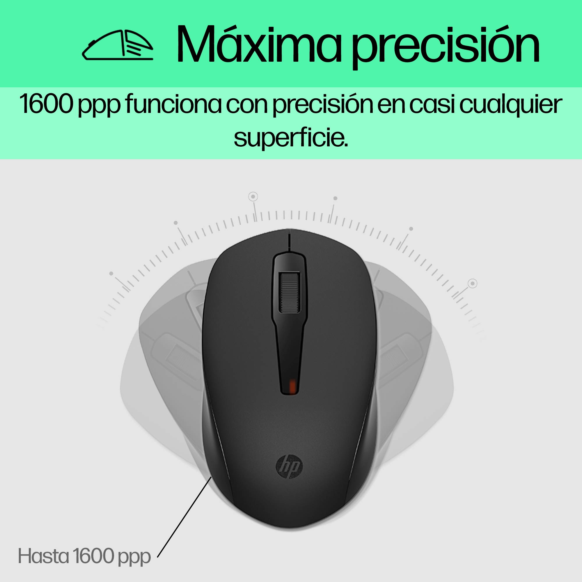 Ratón HP negro con rueda de desplazamiento y luz roja, hasta 1600 DPI.