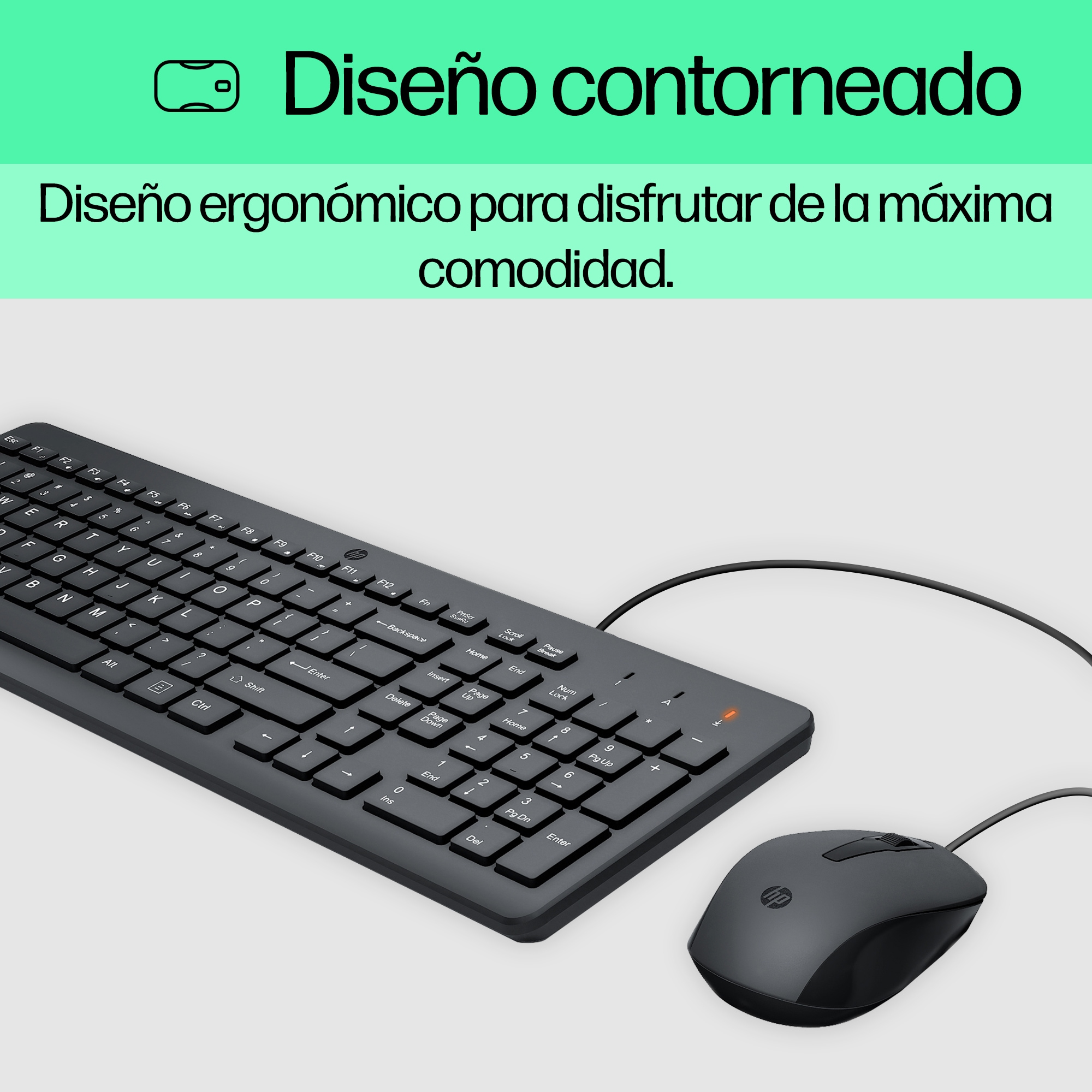 Teclado y ratón negros sobre fondo gris. Diseño ergonómico.