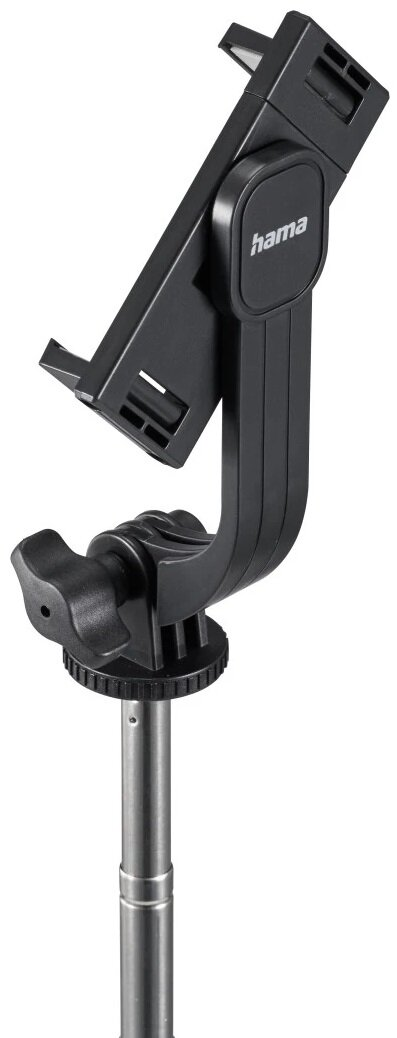 Czarny uchwyt na telefon na srebrnym słupku z czarnym pokrętłem i częścią regulacyjną.