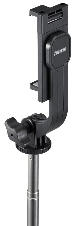 Czarny kij do selfie, rozłożony, z uchwytem na telefon na białym tle.