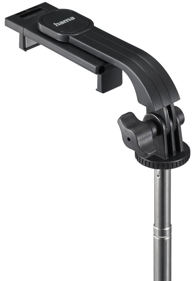 Czarny uchwyt do telefonu Hama zamontowany na metalowym statywie.