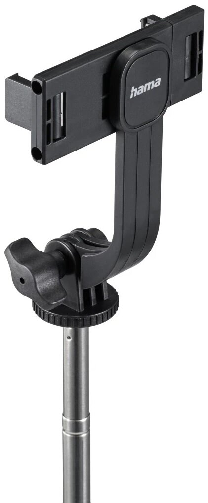 Czarny uchwyt na telefon Hama i teleskopowy drążek, ustawiony pod kątem do użytku.