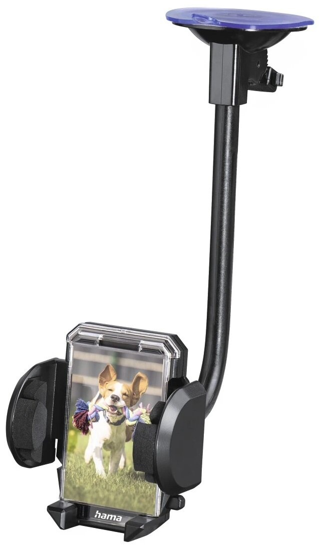 Czarny uchwyt samochodowy na telefon z telefonem pokazującym psa bawiącego się zabawką.