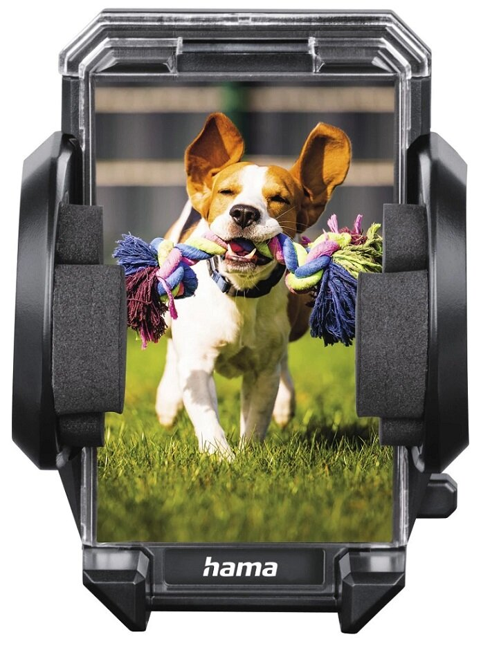 Pies trzymający zabawkę w uchwycie na telefon.