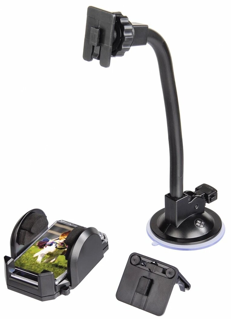 Uchwyt na telefon z elastycznym ramieniem i przyssawką. Zawiera uchwyt na telefon.