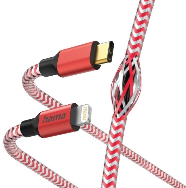 Pokazano dwa kable ładujące z czerwono-białymi paskami. Jeden ma USB-C, a drugi końcówkę Lightning.