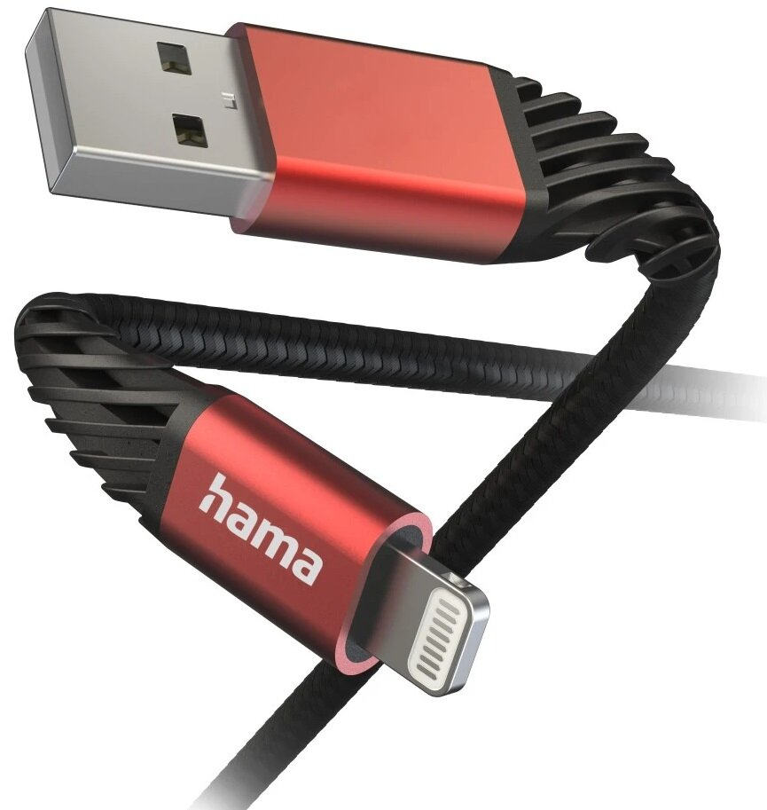 Czerwono-czarny kabel ładujący ze złączem Lightning. Tło jest białe.