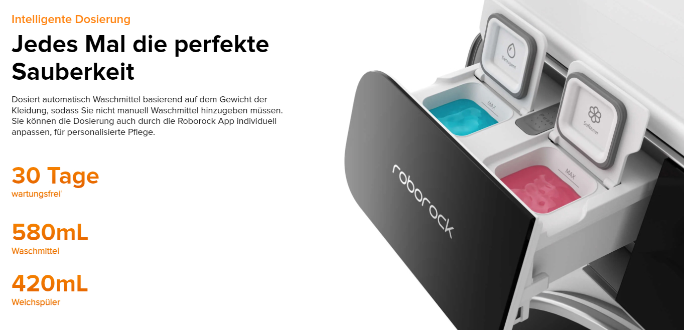 Waschmittelschublade der Waschmaschine mit blauem Waschmittel und rosa Weichspüler, mit 'roborock'-Logo. Text: 30 Tage wartungsfrei.