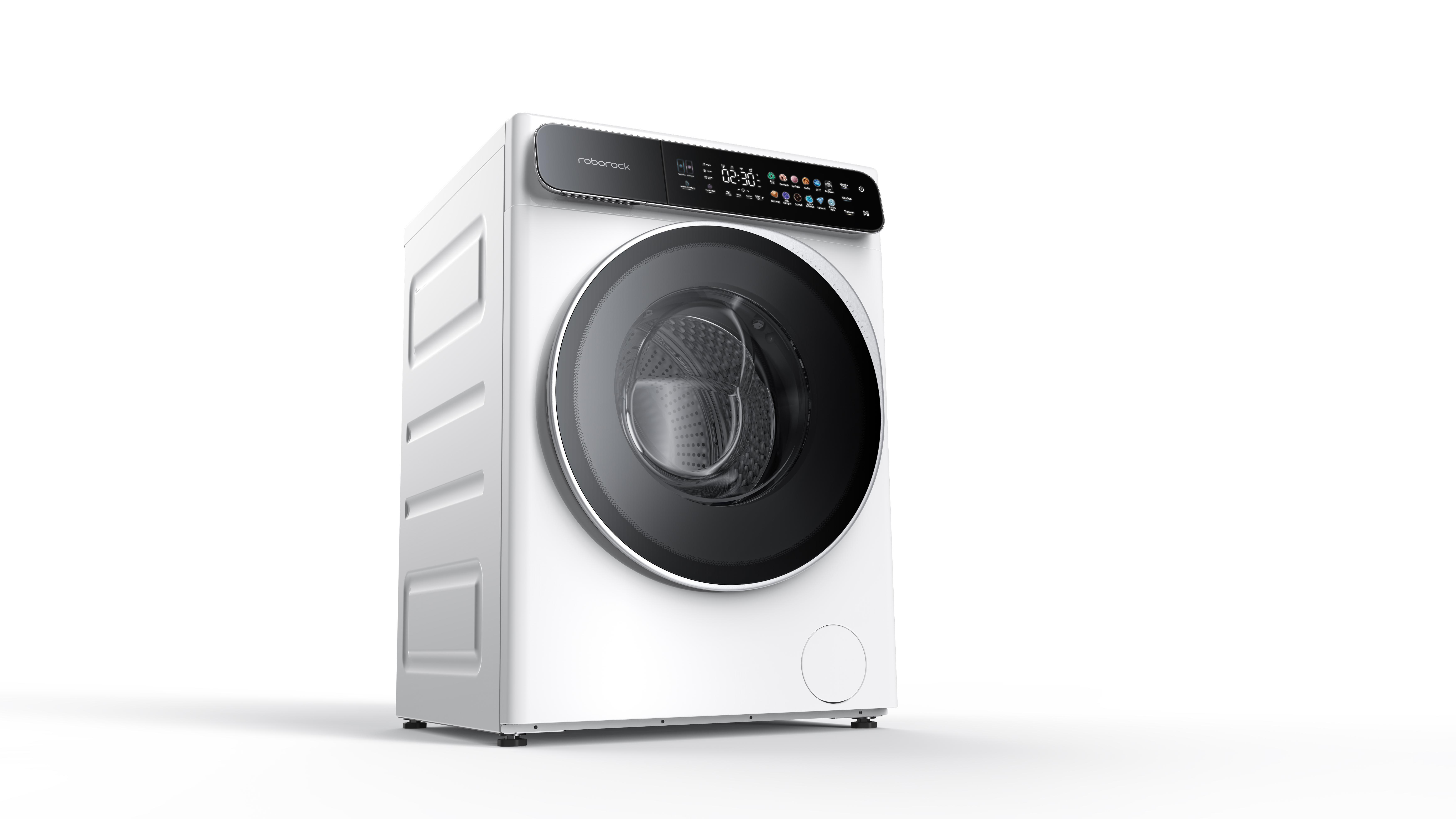 Eine weiße Roborock-Waschmaschine. Sie hat eine schwarze Tür und ein Digitaldisplay. Die Maschine steht auf weißem Hintergrund.