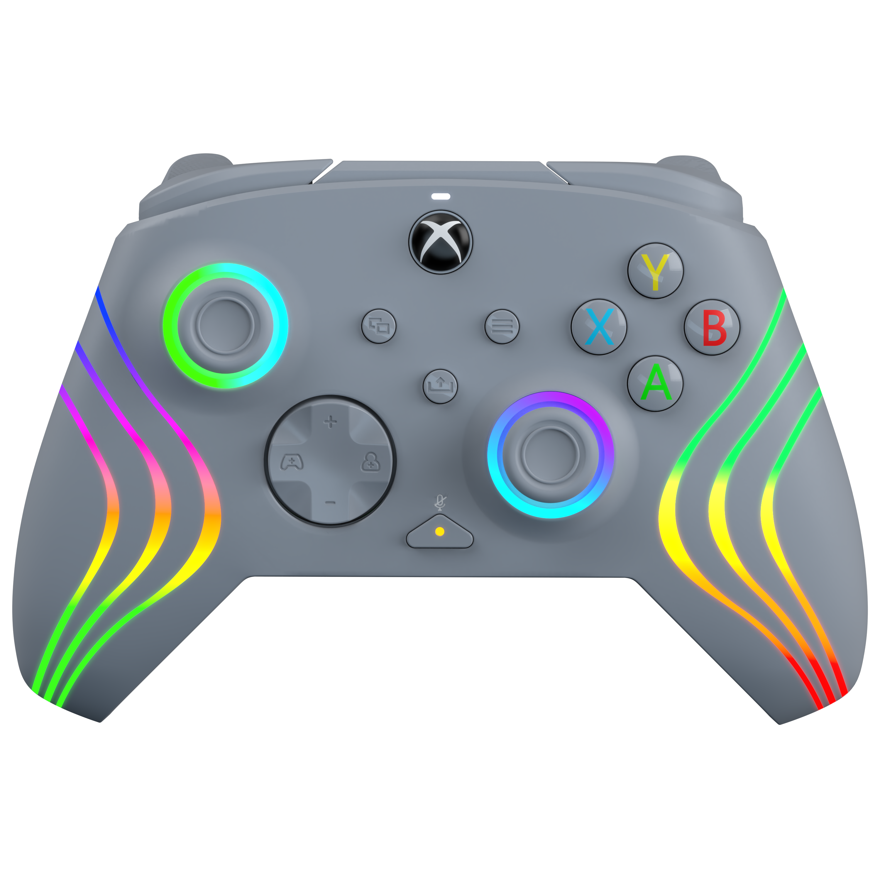 Ein grauer Xbox-Controller mit farbigen Knöpfen, leuchtenden Linien und schwarzem Hintergrund.