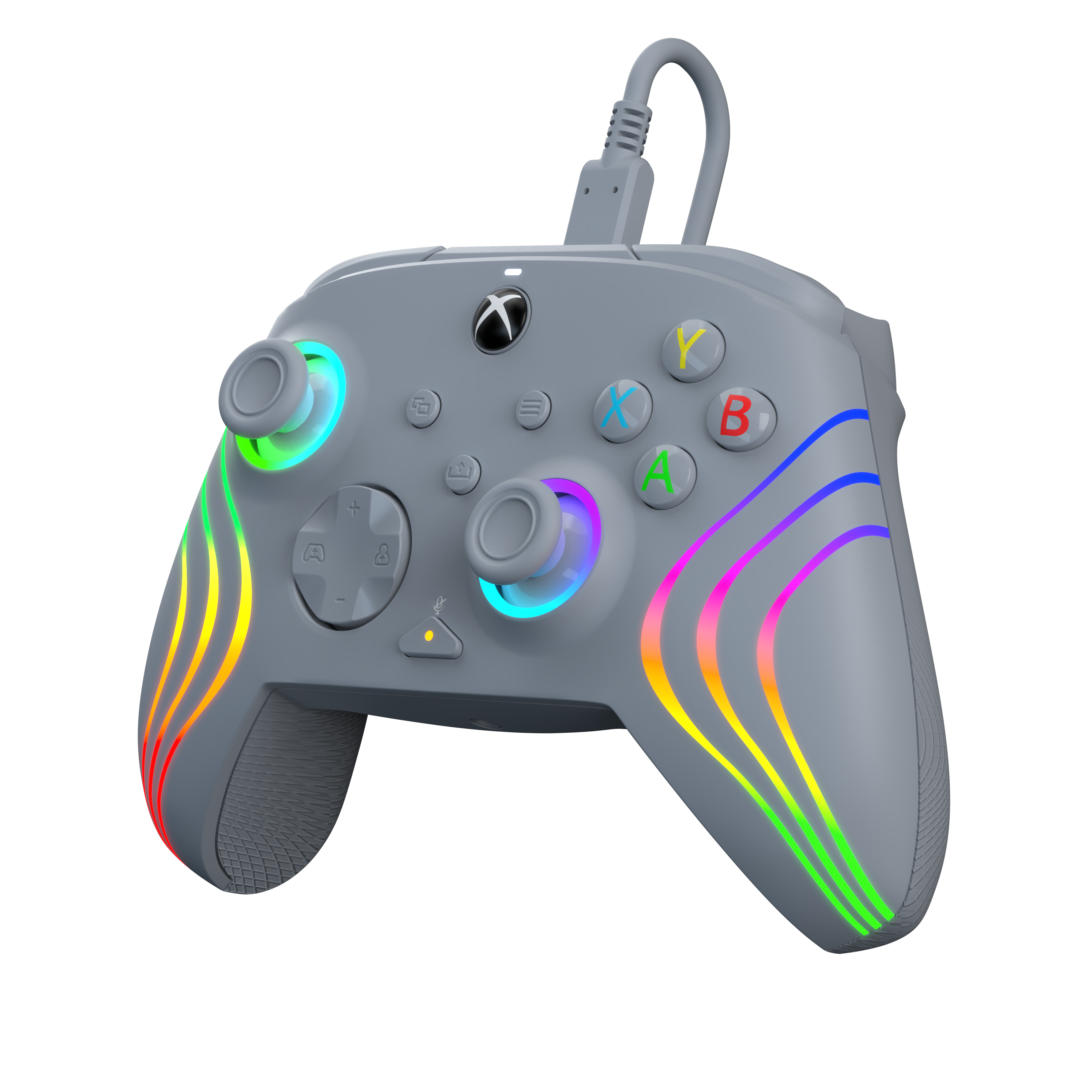 Grauer Xbox-Controller mit bunten Lichtstreifen. Tasten sind mit Farben beschriftet, auf schwarzem Hintergrund.