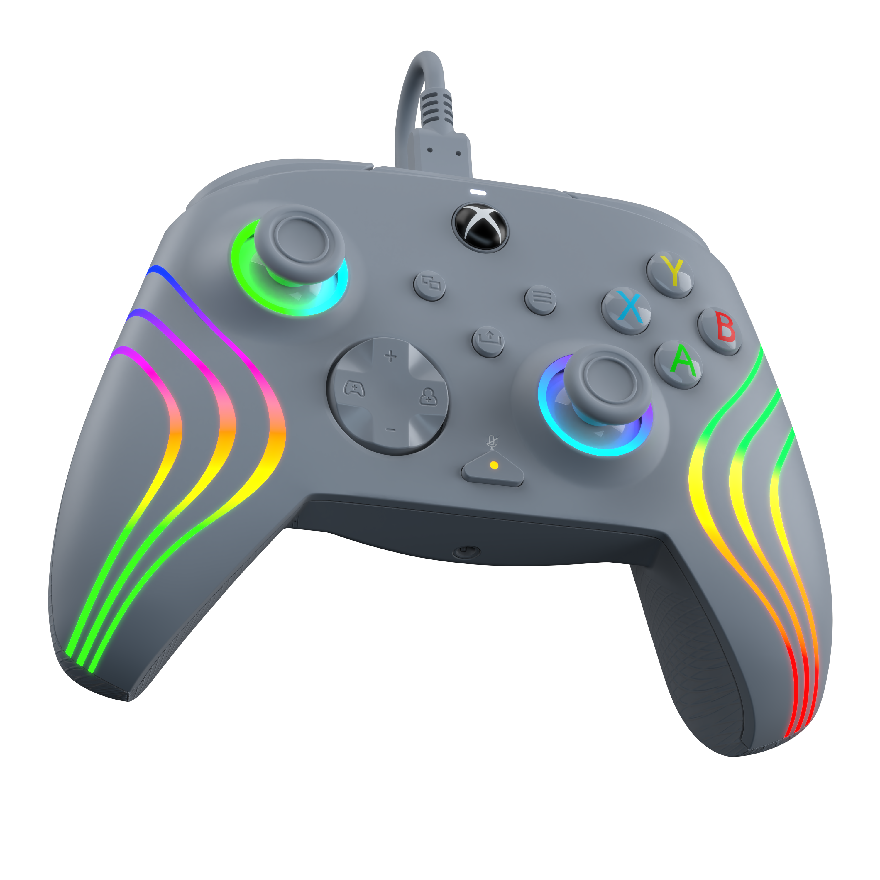 Ein grauer Xbox-Controller mit Regenbogenlichtern auf schwarzem Hintergrund.