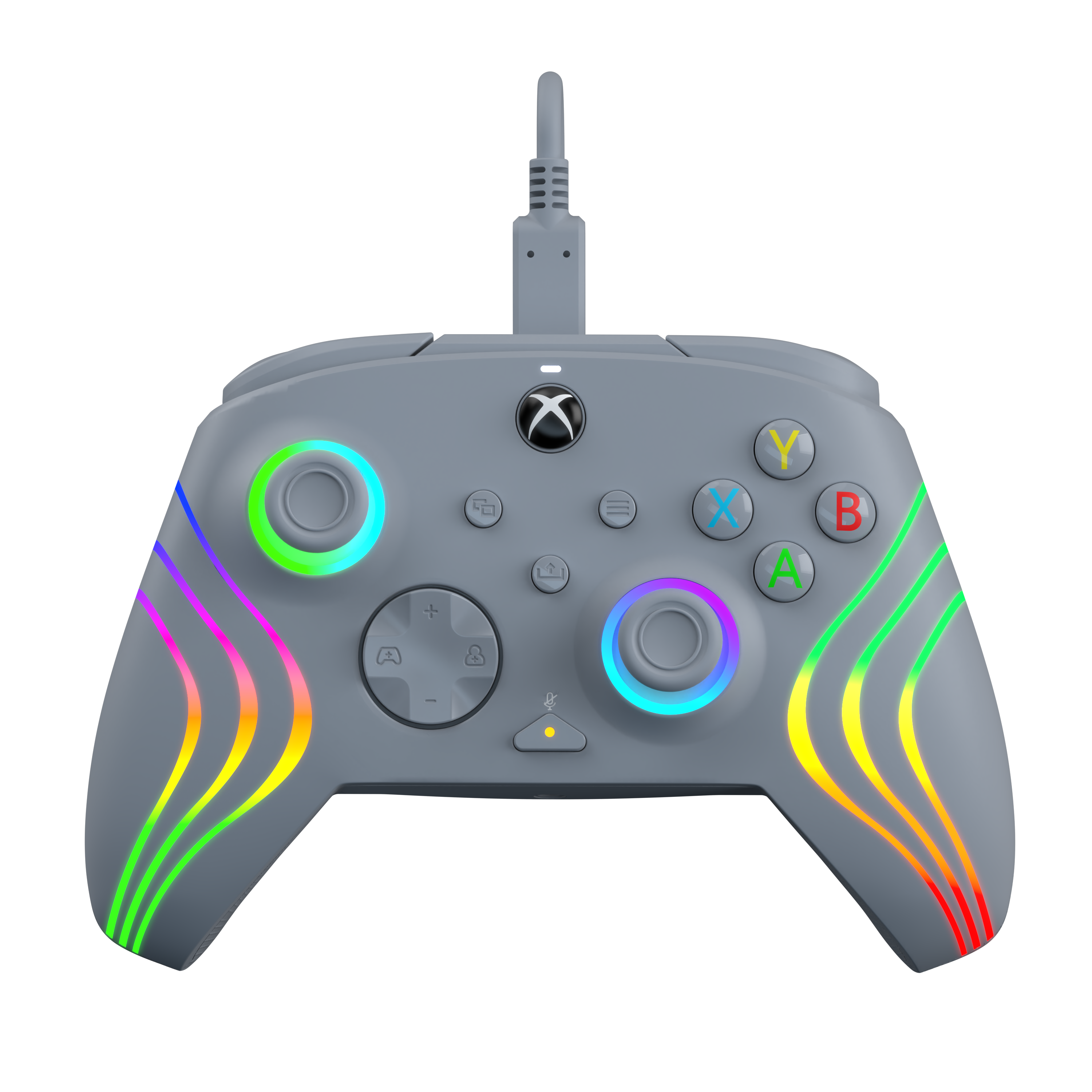 Ein grauer Xbox-Controller mit bunten Lichtern um die Tasten und Sticks.