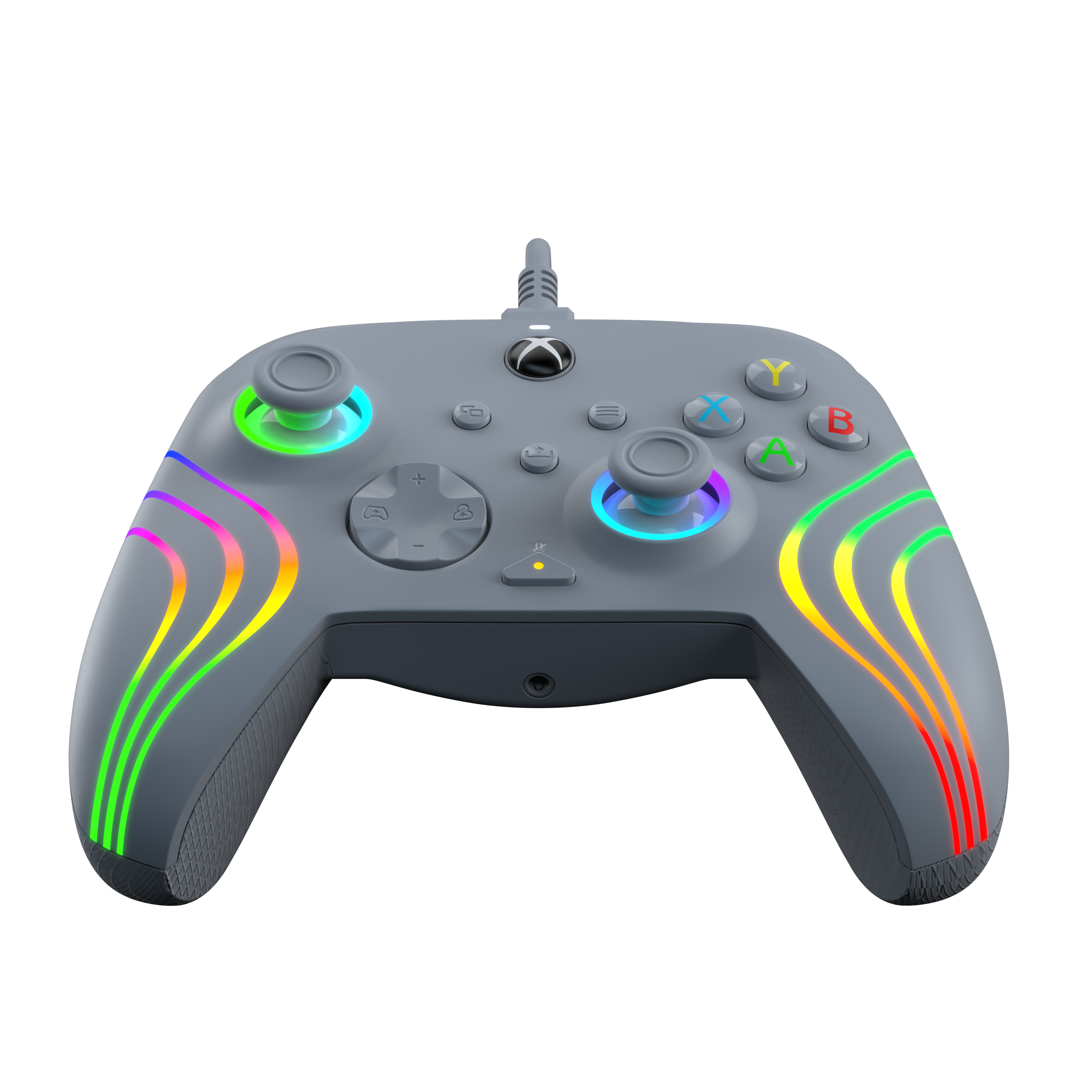 Ein grauer Xbox-Controller mit farbigen Lichtstreifen und Tasten. Er befindet sich auf schwarzem Hintergrund.