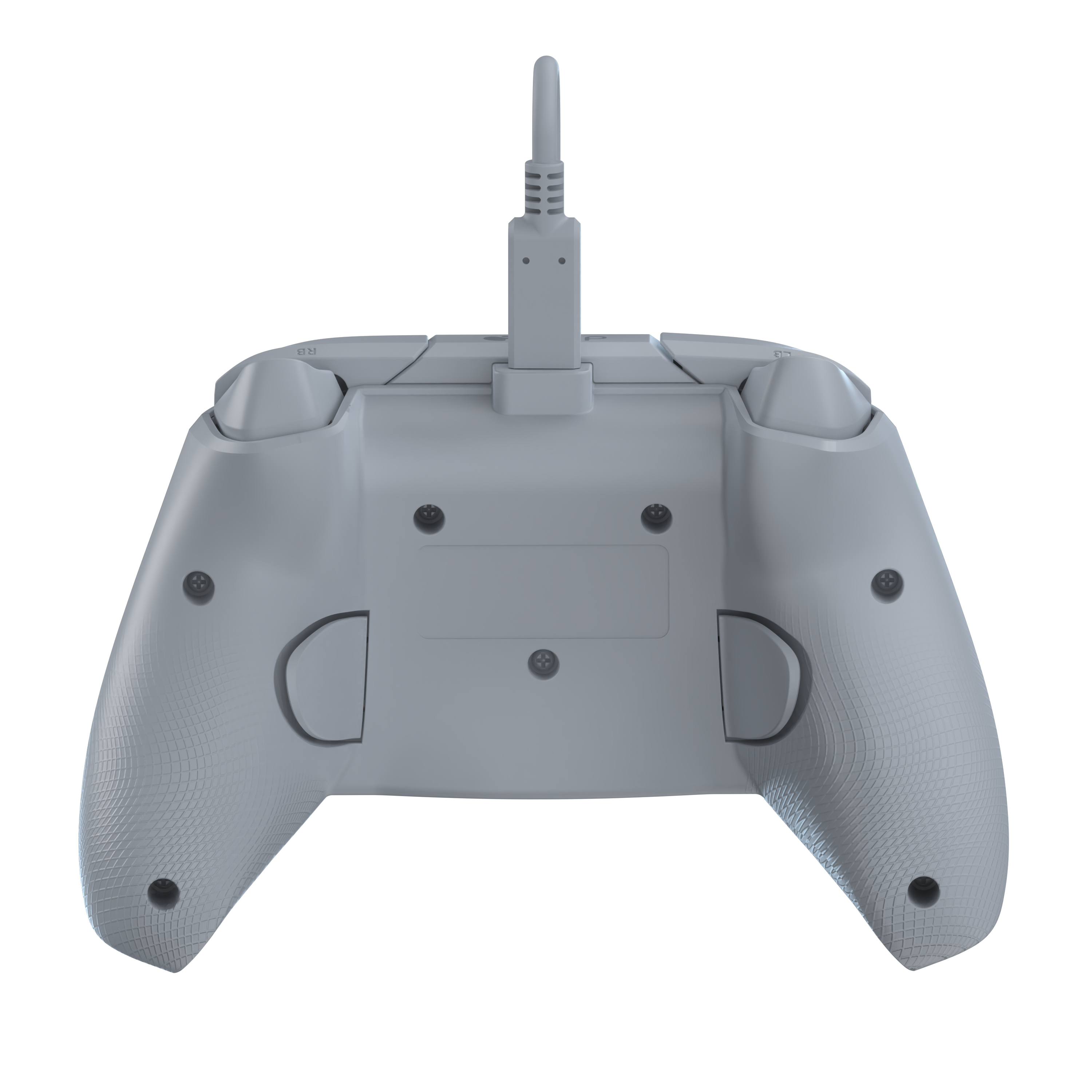 Ein grauer Gamecontroller, die Rückseite ist sichtbar. Er hat Knöpfe und ein Kabel.