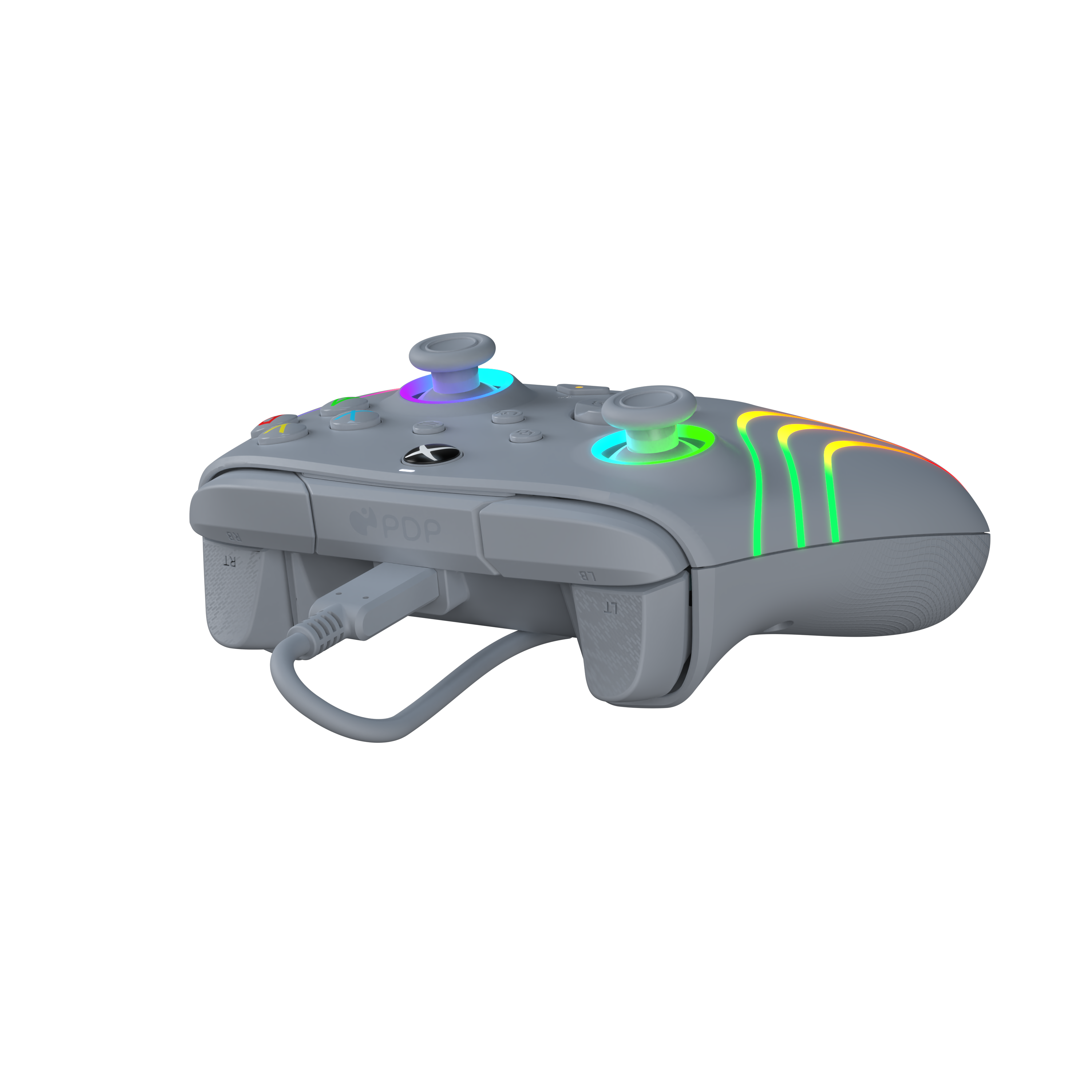 Ein grauer Xbox-Controller mit bunten Lichtern an der Seite.
