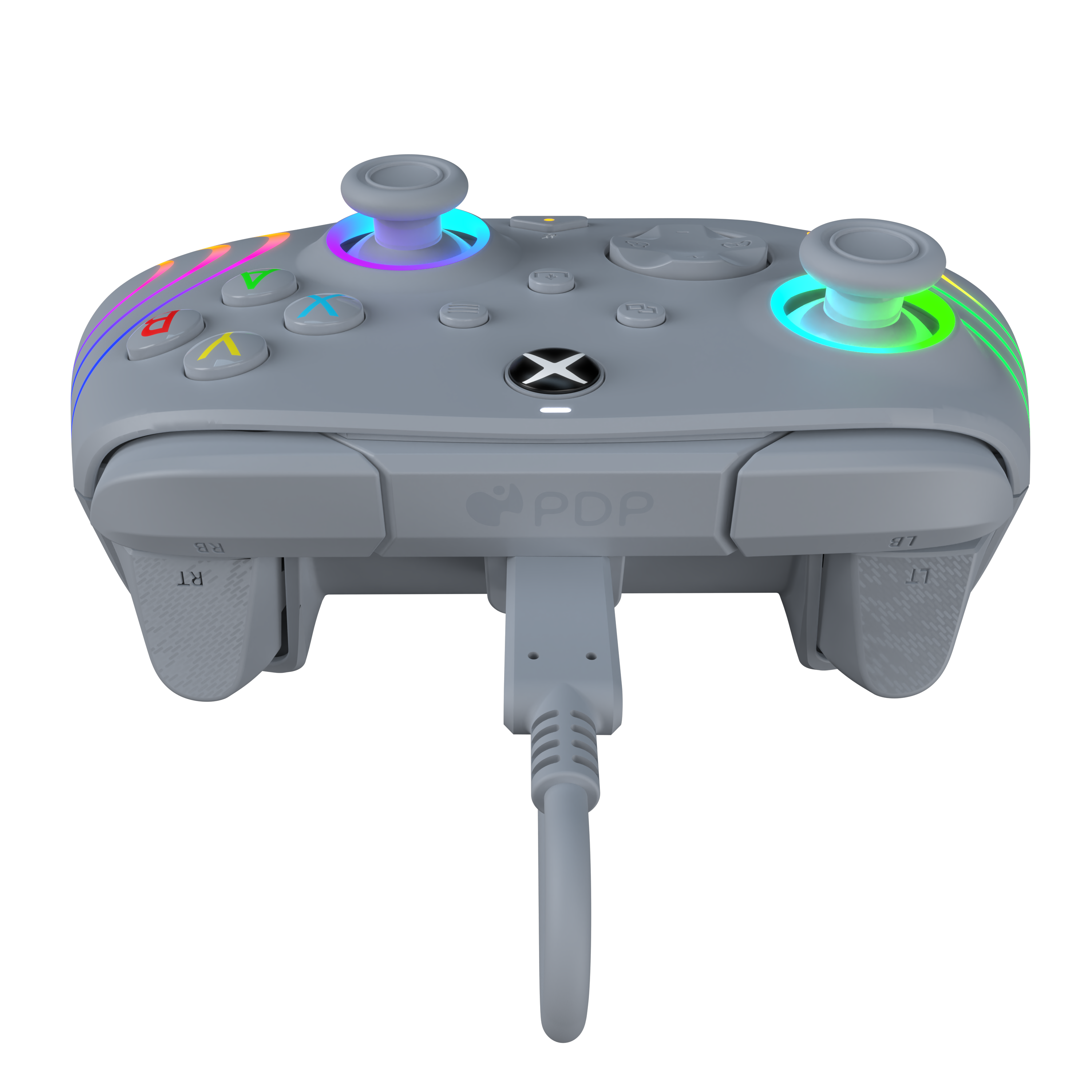 Ein grauer PDP Xbox-Controller mit bunten Lichtern, verbunden mit einem grauen Kabel.