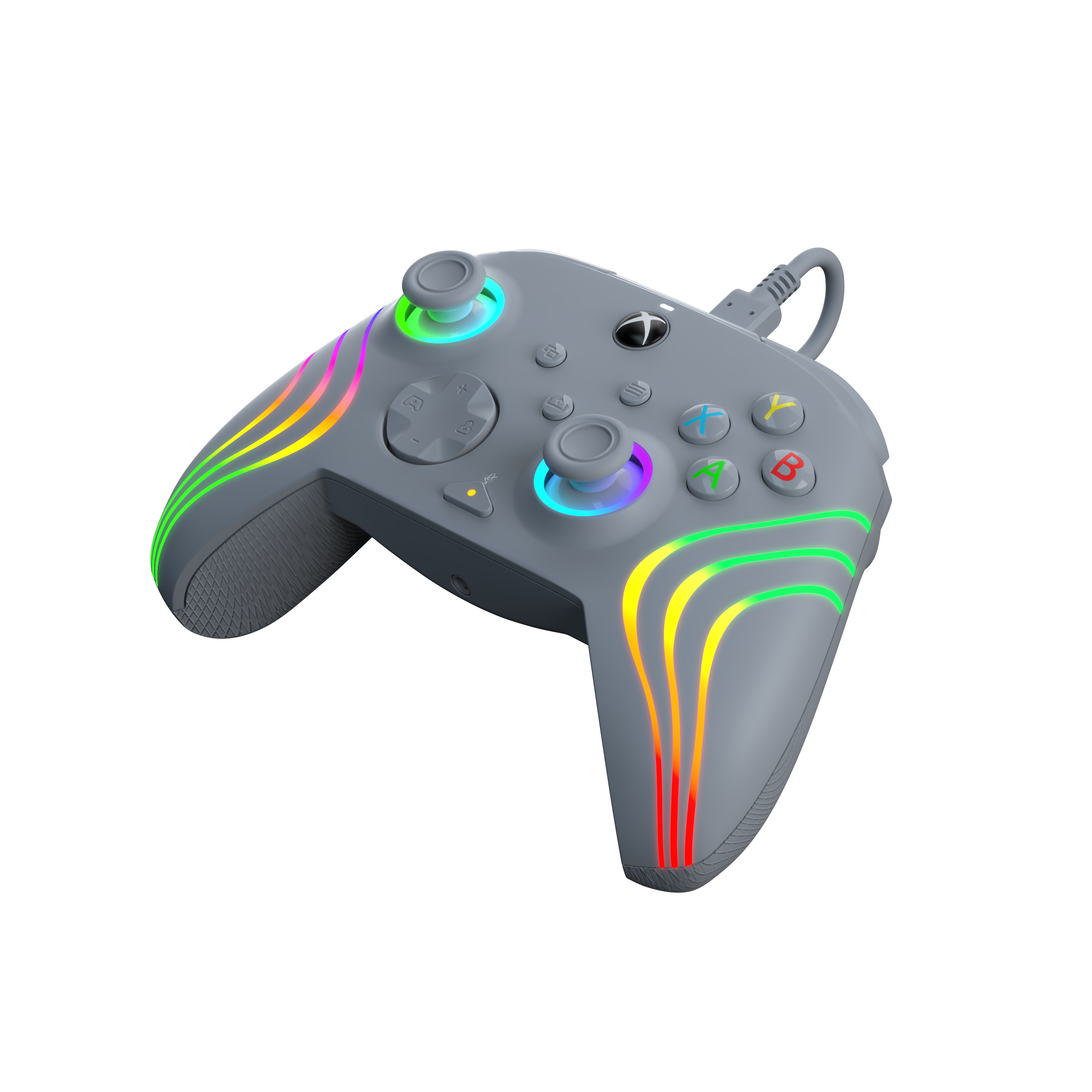 Grauer Xbox-Controller mit Regenbogenlicht, angewinkelte Ansicht, schwarzer Hintergrund.