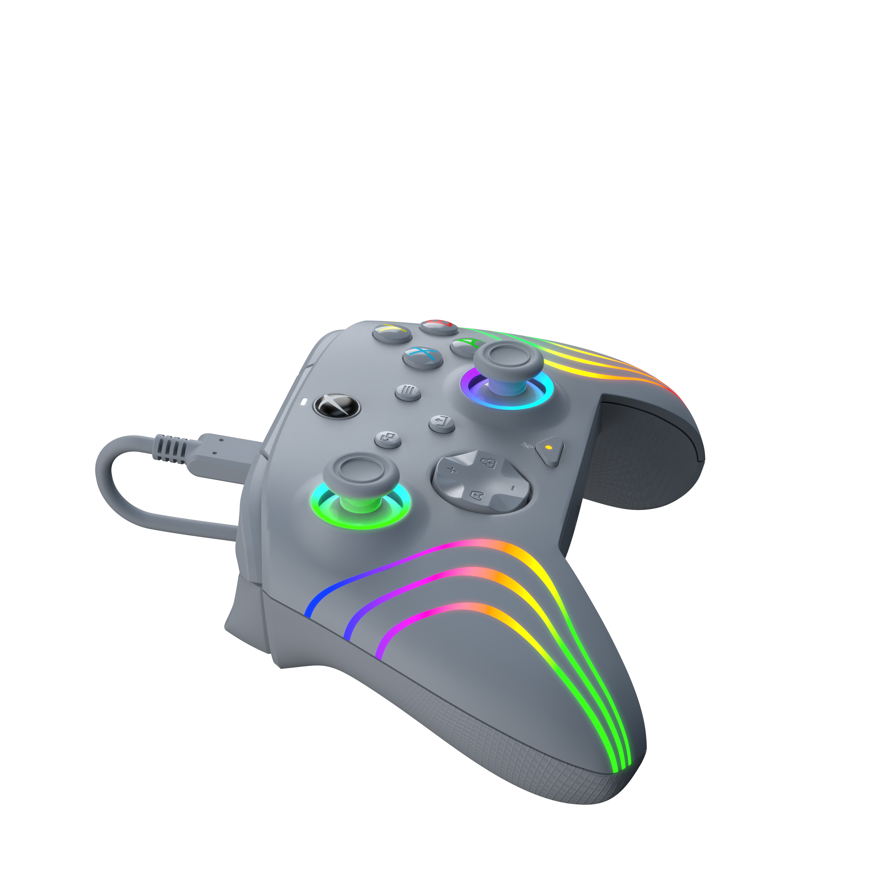 Grauer Xbox Controller mit Regenbogenlichtern, schwarzer Hintergrund. Es ist angeschlossen.