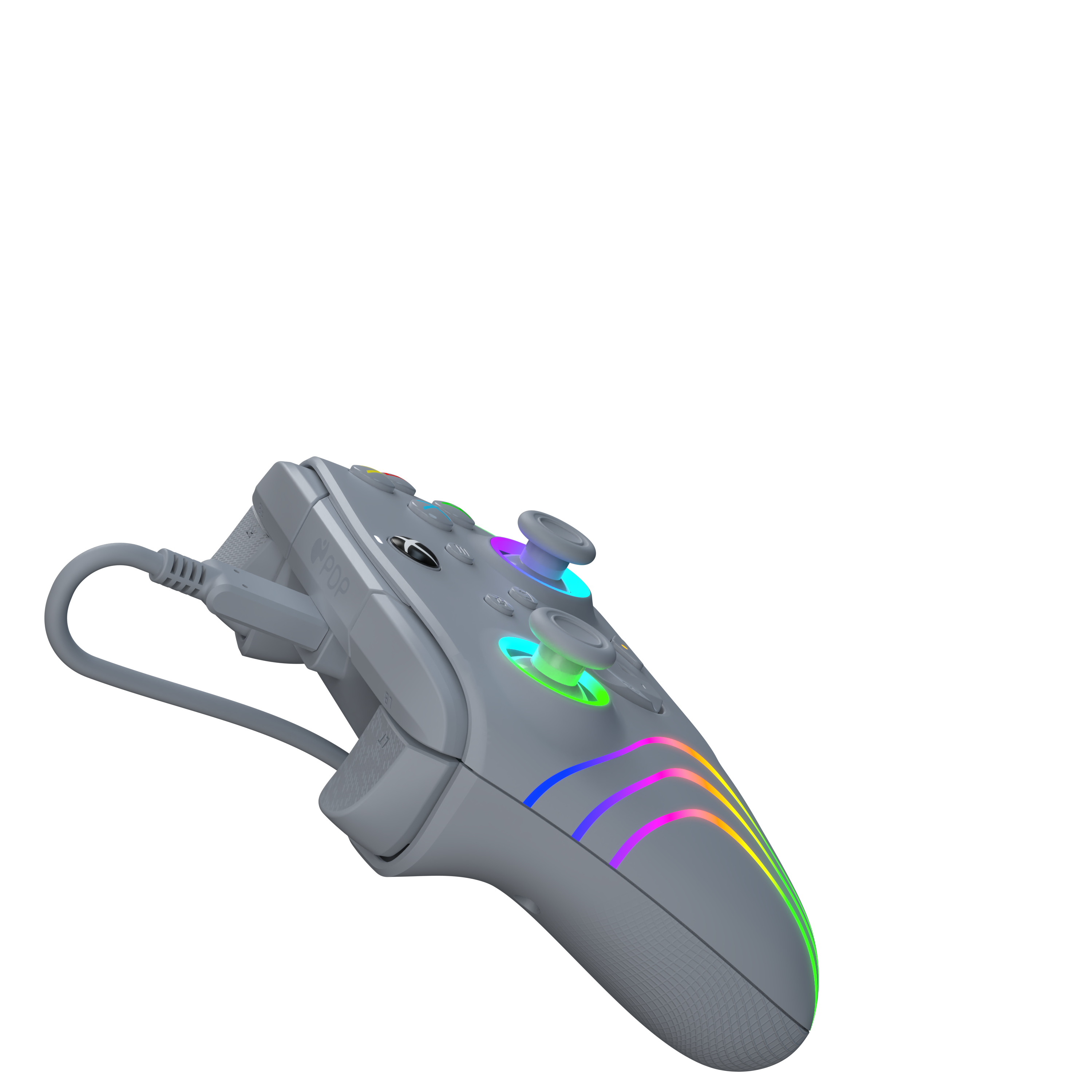 Ein grauer Gamecontroller mit Regenbogenlichtern, vor schwarzem Hintergrund.