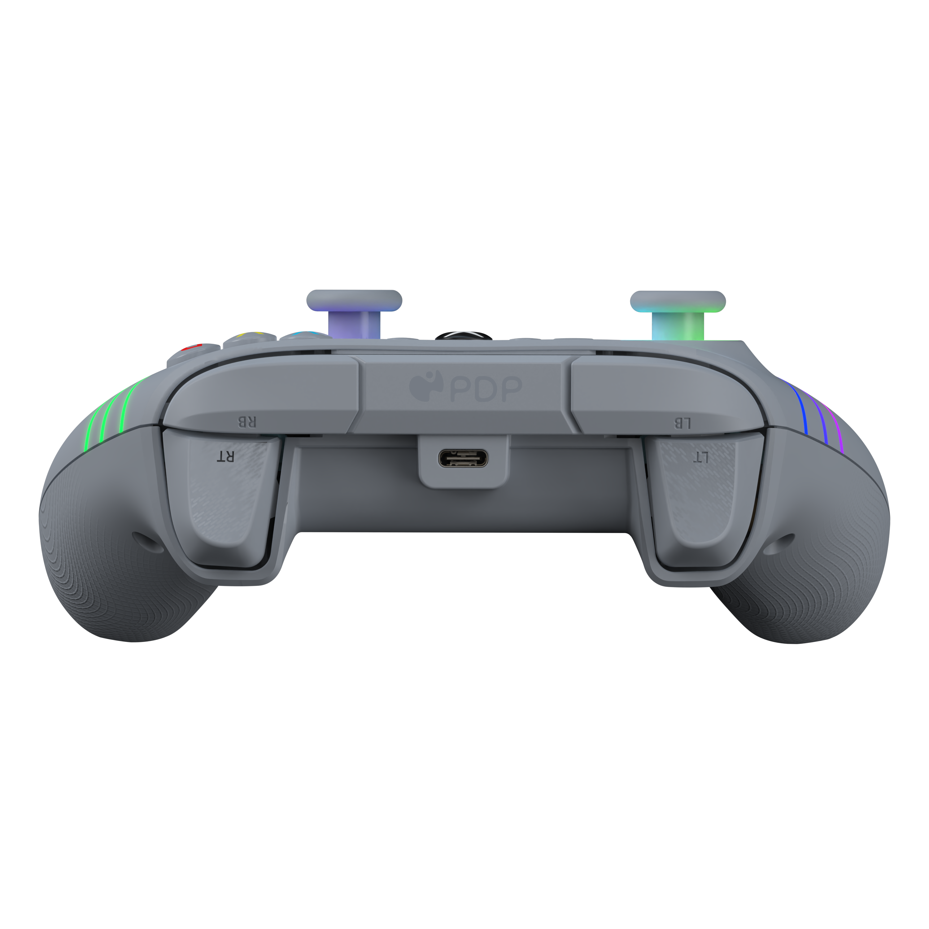 Grauer Gamecontroller, von unten betrachtet. Farbige Lichter an den Seiten und ein USB-Anschluss. Tasten sind beschriftet.