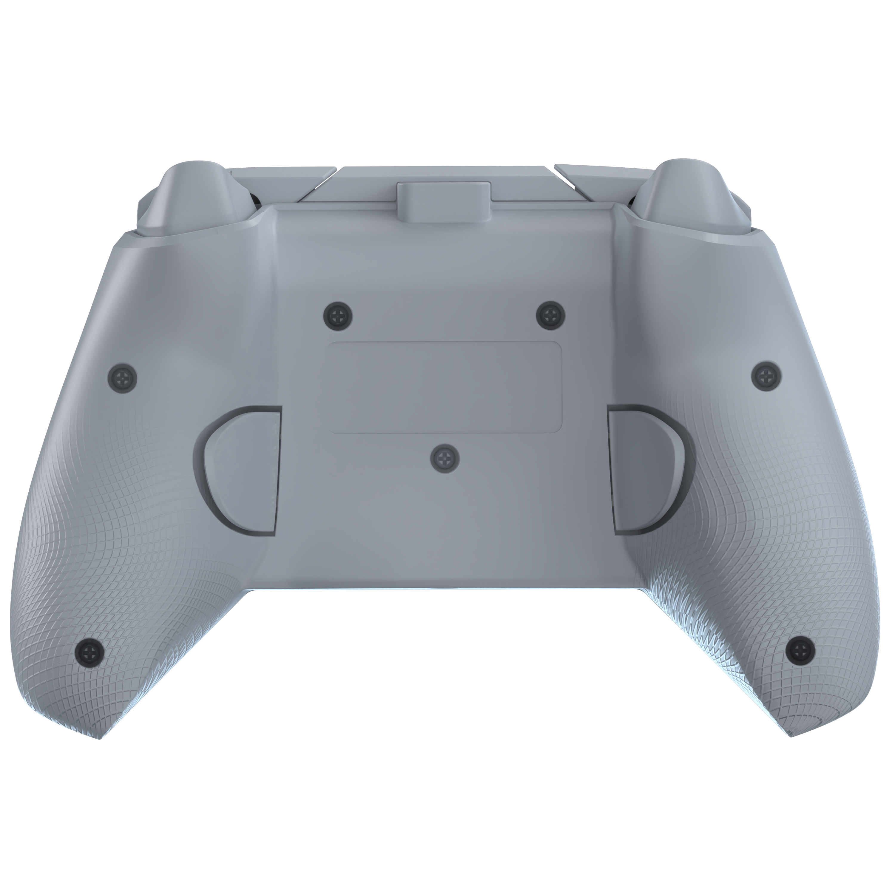 Rückseite eines hellgrauen Gamecontrollers mit schwarzen Schrauben auf schwarzem Hintergrund.