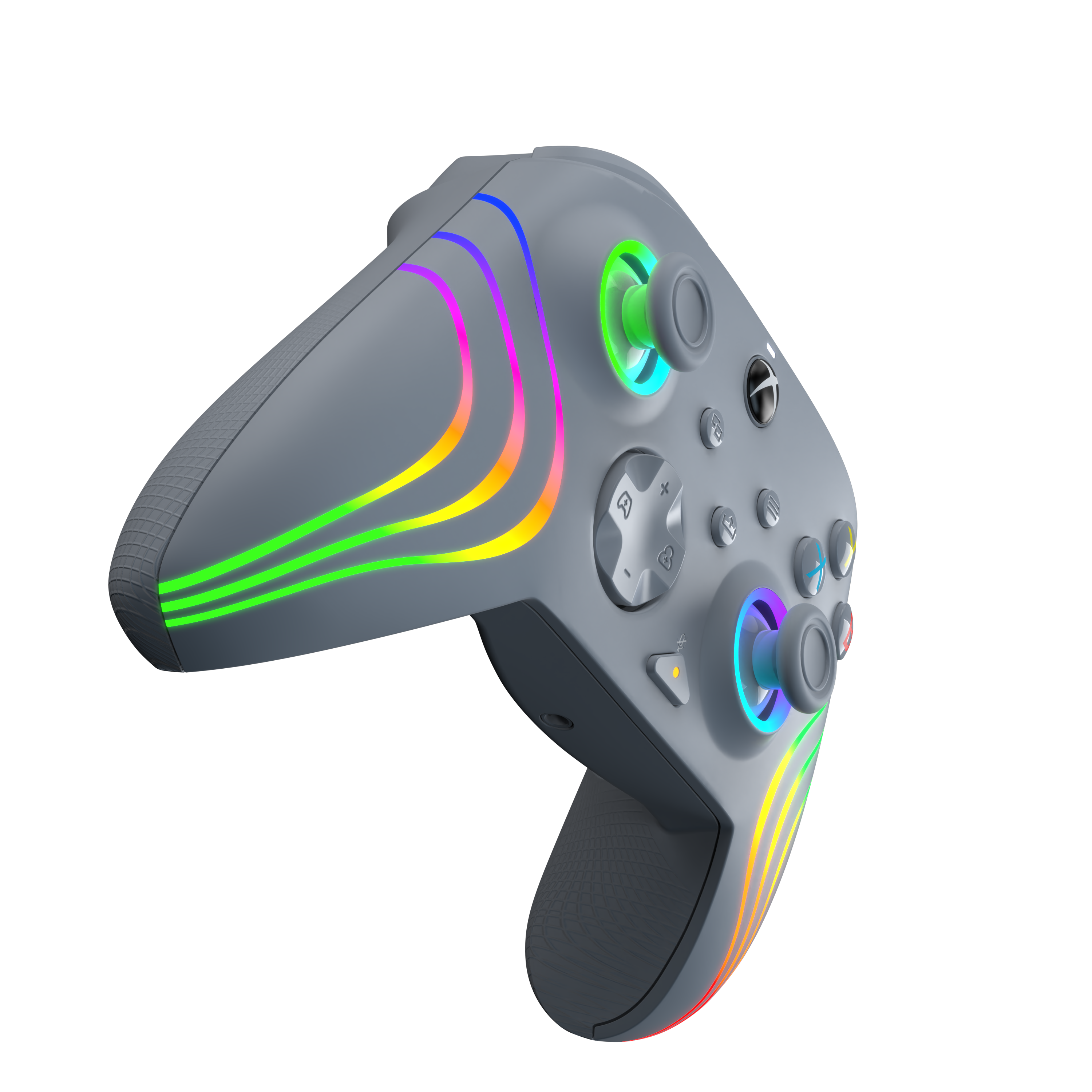 Ein grauer Gamecontroller mit Regenbogenlichtern. Er ist auf schwarzem Grund.
