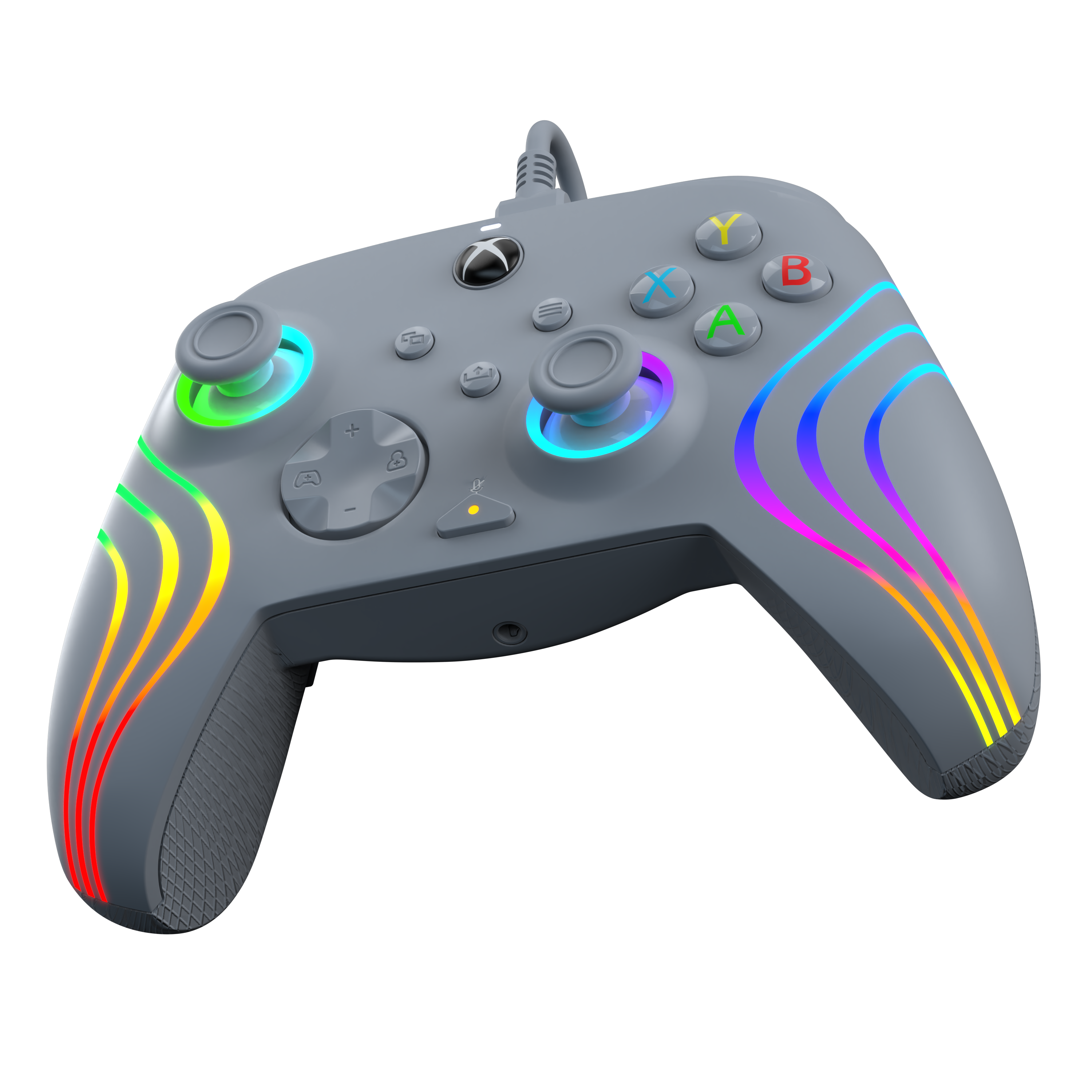 Ein grauer Xbox-Controller mit Regenbogen-Lichtstreifen und farbigen Tasten.