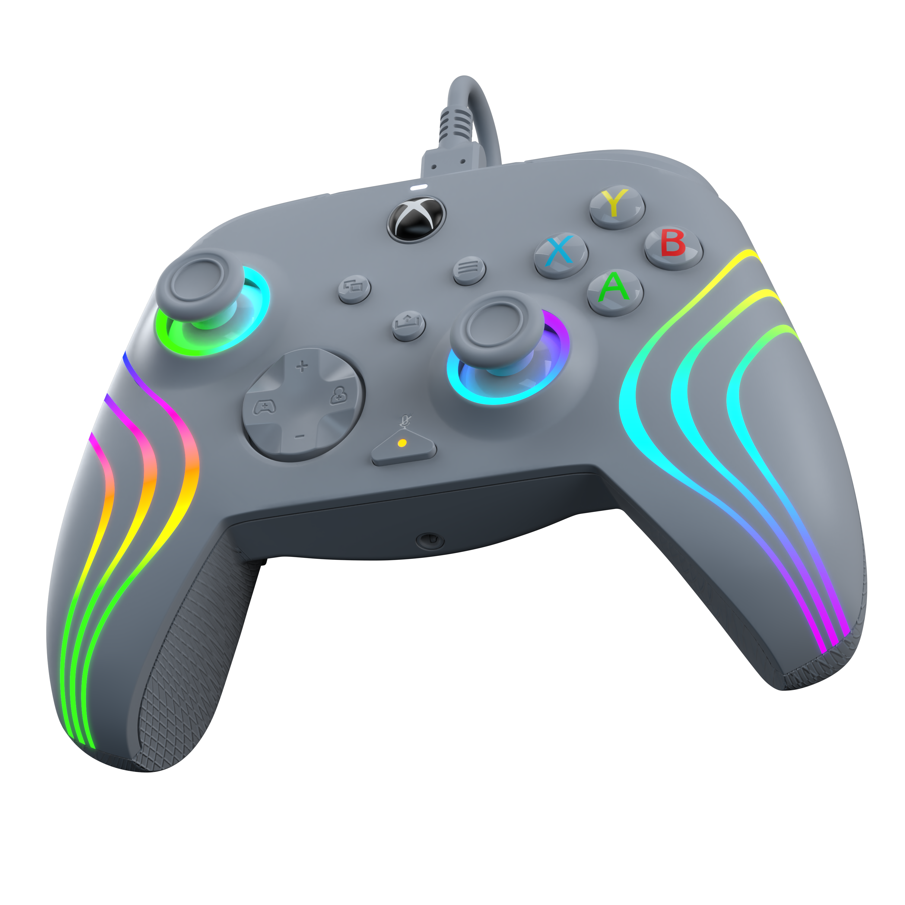 Ein grauer Xbox-Controller mit bunten Lichtern. Die Tasten sind mit Buchstaben beschriftet.
