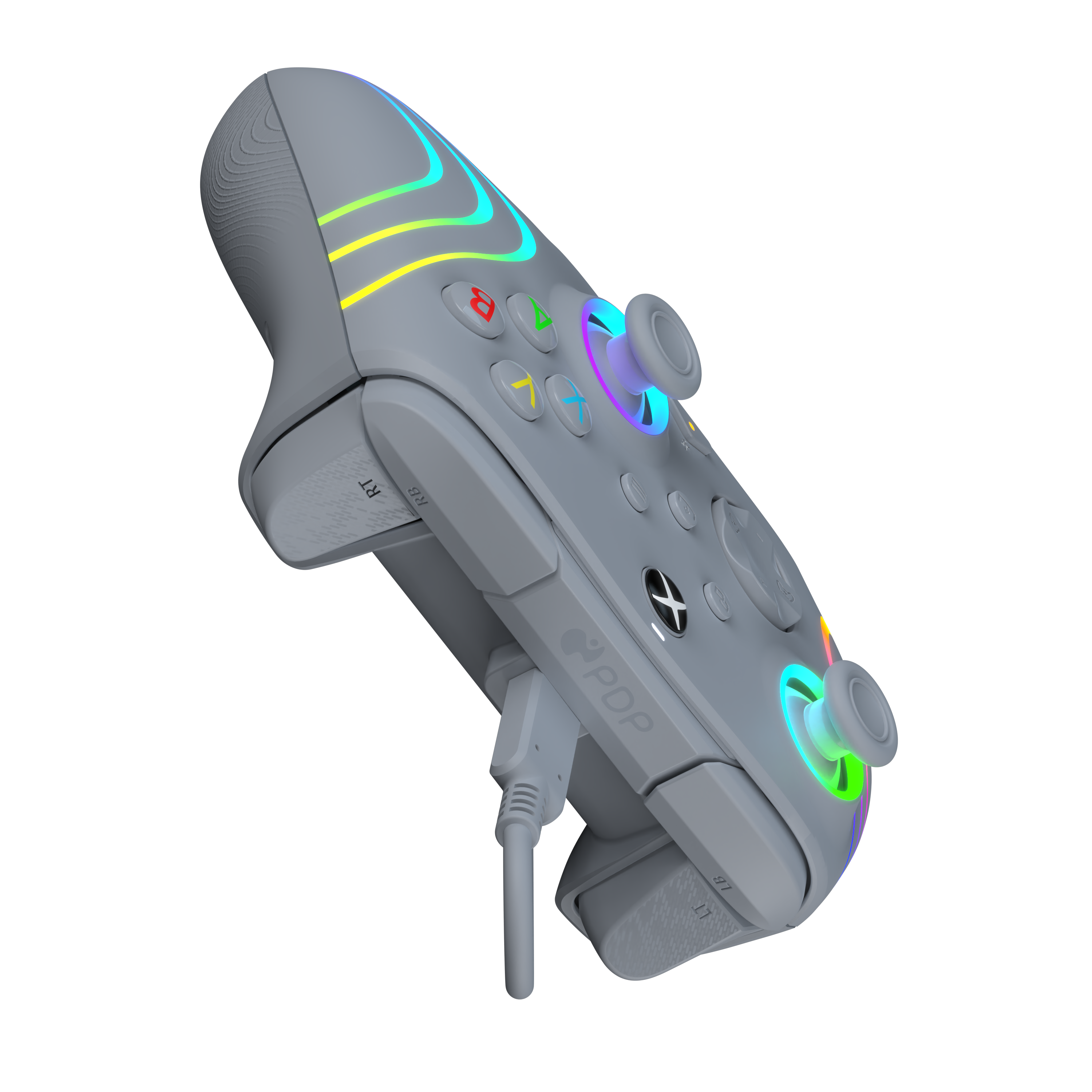 Grauer Controller mit leuchtenden, mehrfarbigen Knöpfen und USB-C-Kabel.
