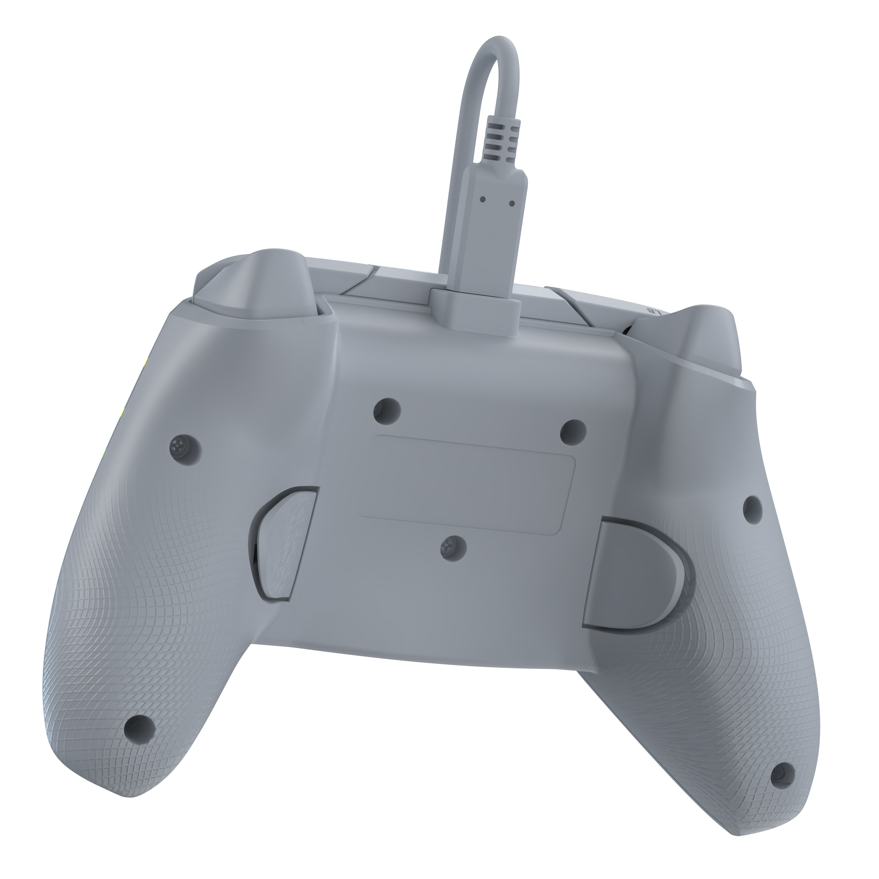 Rückansicht eines hellgrauen Gamecontrollers mit angeschlossenem Kabel.