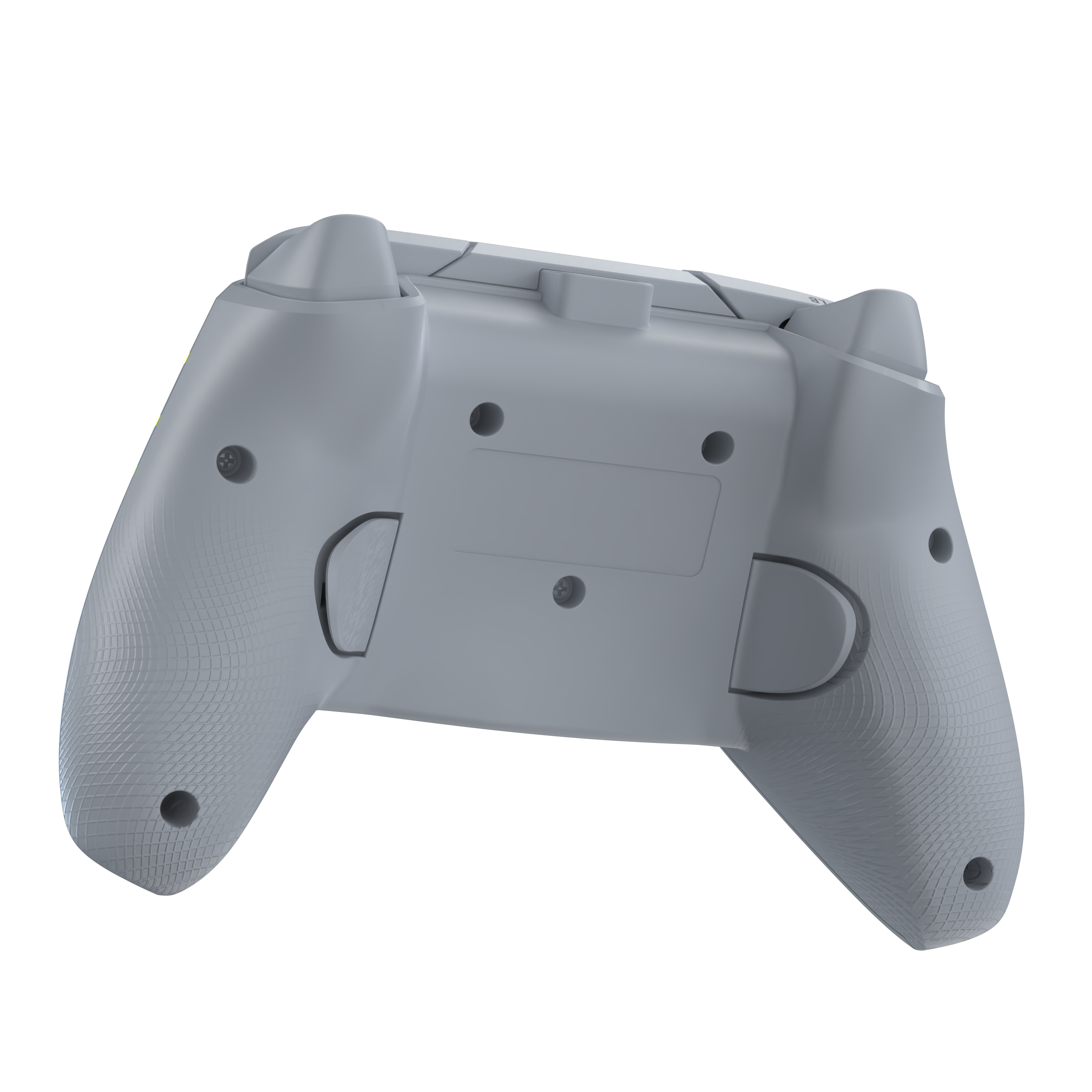 Ein hellgrauer Gamecontroller von hinten gesehen, mit Knöpfen und strukturierten Griffen.