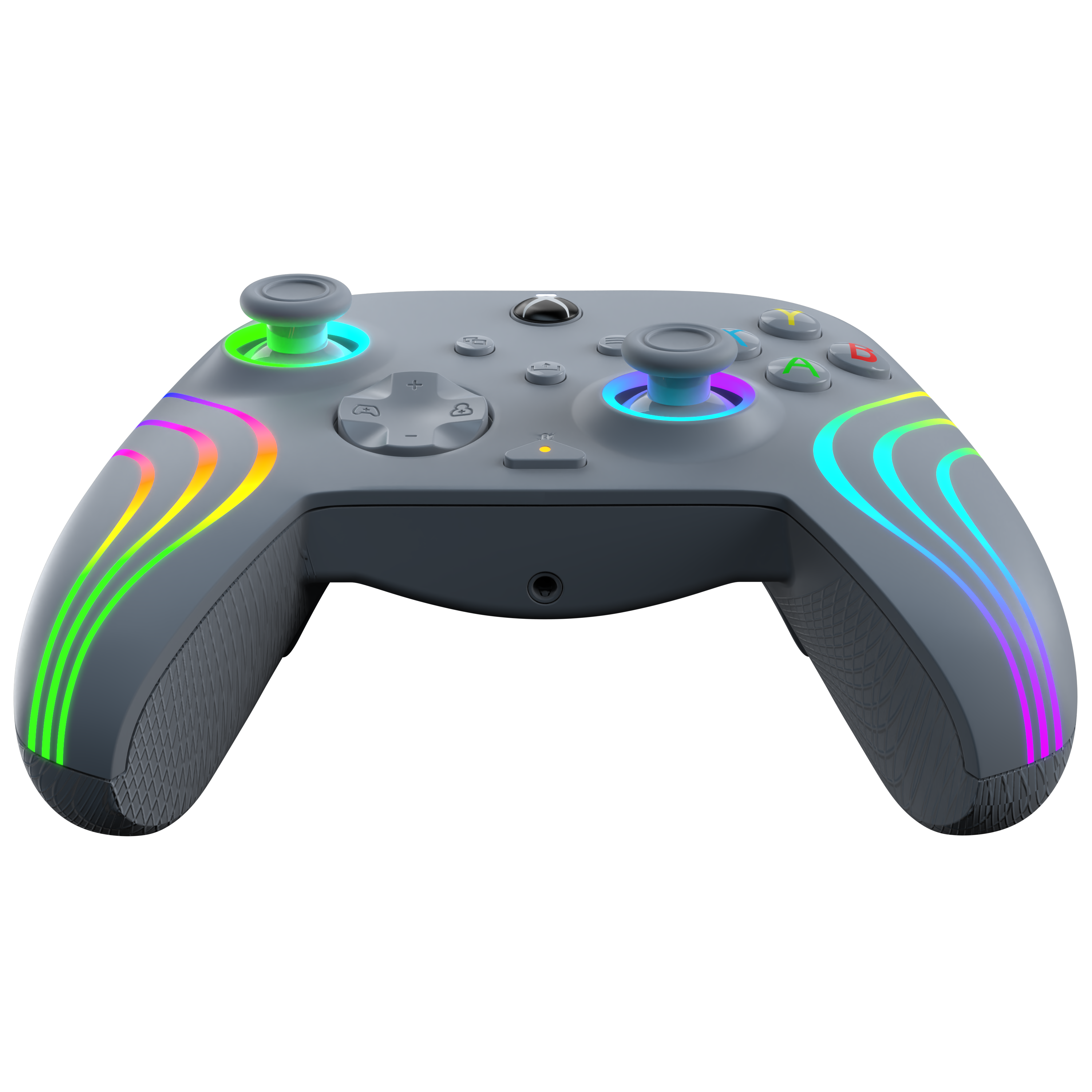 Grauer Gaming-Controller mit farbigen Lichtstreifen an den Seiten. Knöpfe und Joysticks sichtbar.