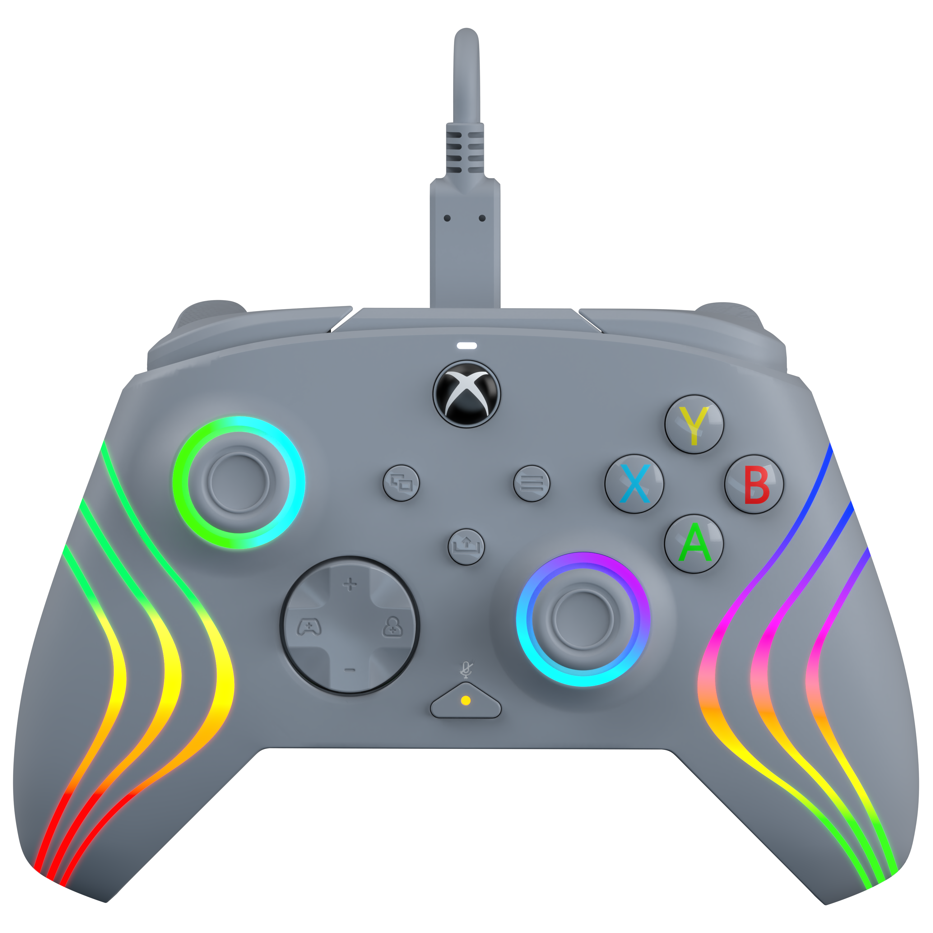 Grauer Xbox-Controller mit leuchtenden Regenbogenlichtern um die Knöpfe und Joysticks.