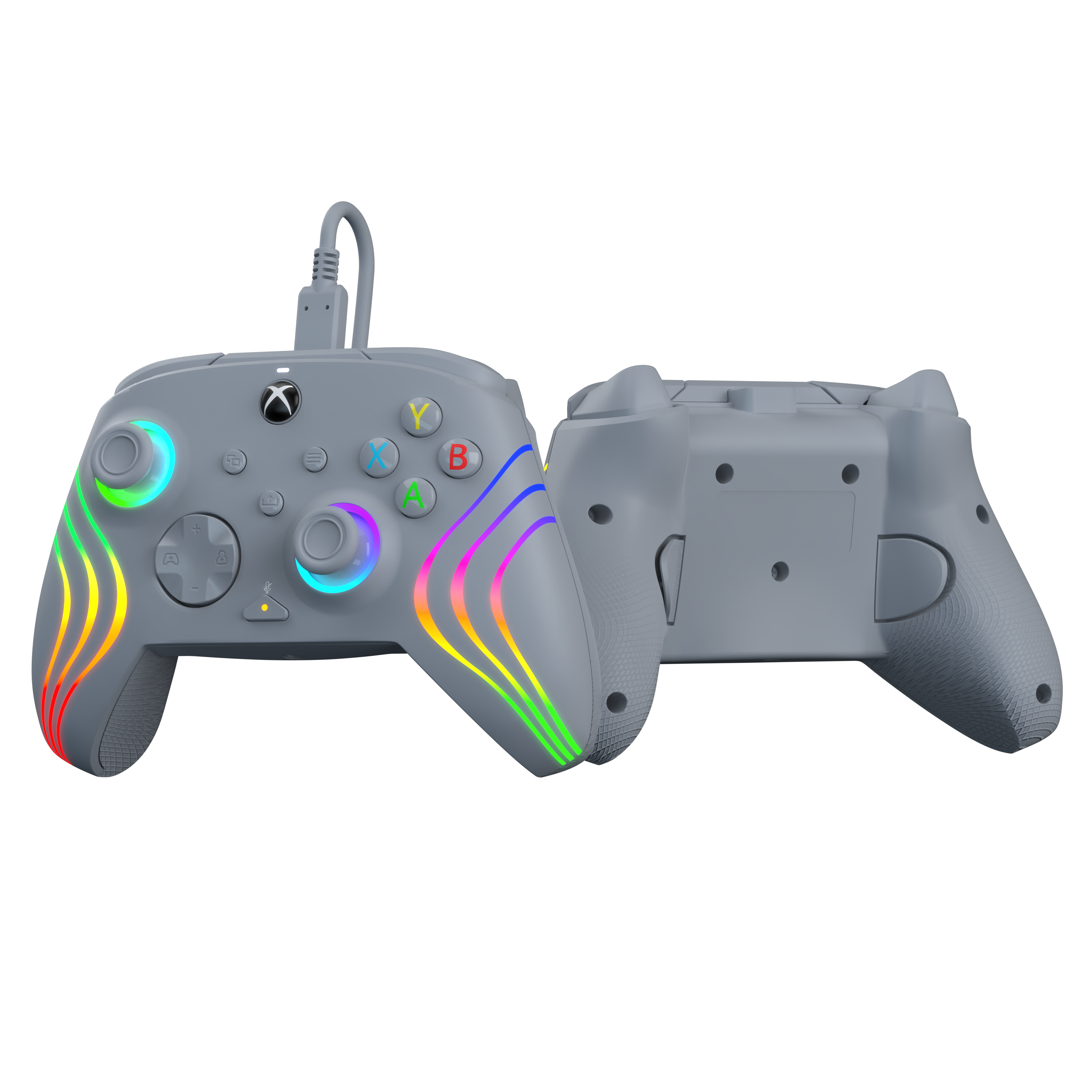 Ein grauer Xbox-Controller. Eine Seite hat Knöpfe und Lichter, die andere ist schlicht.